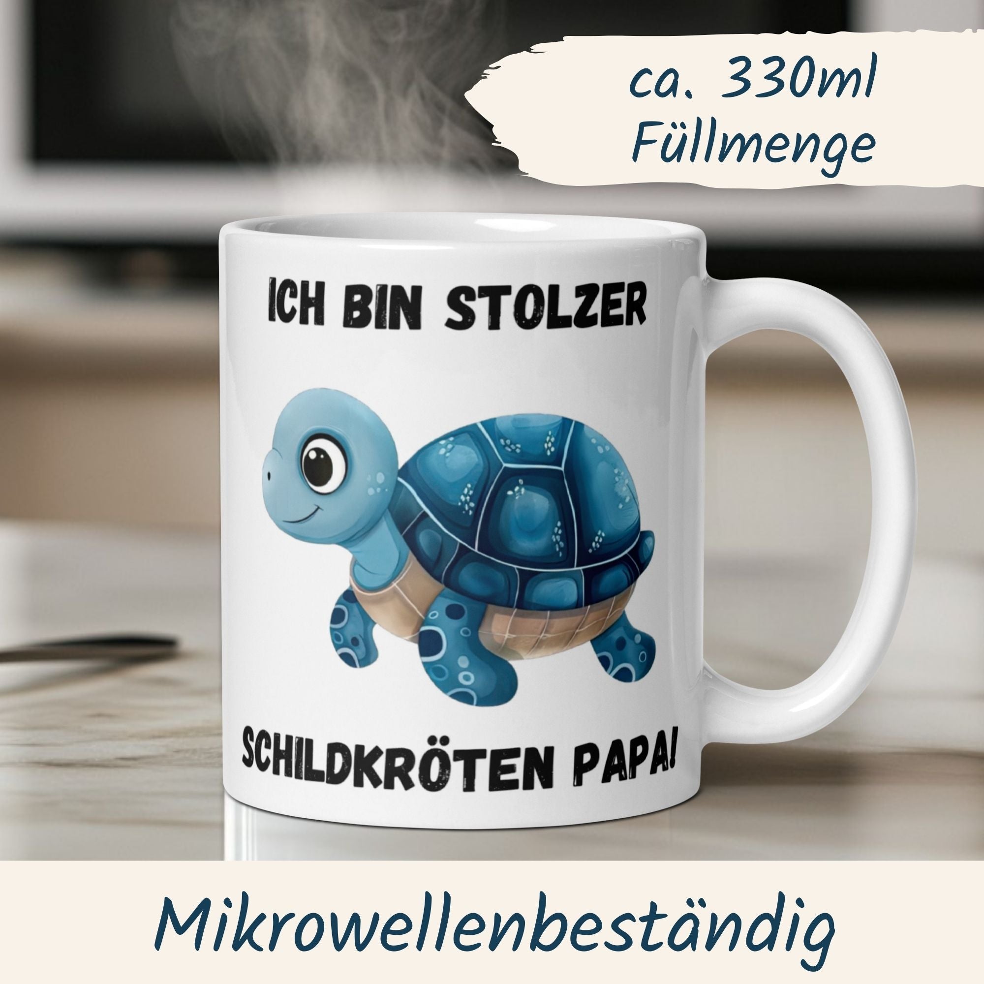 Niedliche Schildkröten-Papa Tasse mit Spruch, perfekt für Kaffee oder Tee. Mikrowellenbeständig, 330ml Füllmenge.