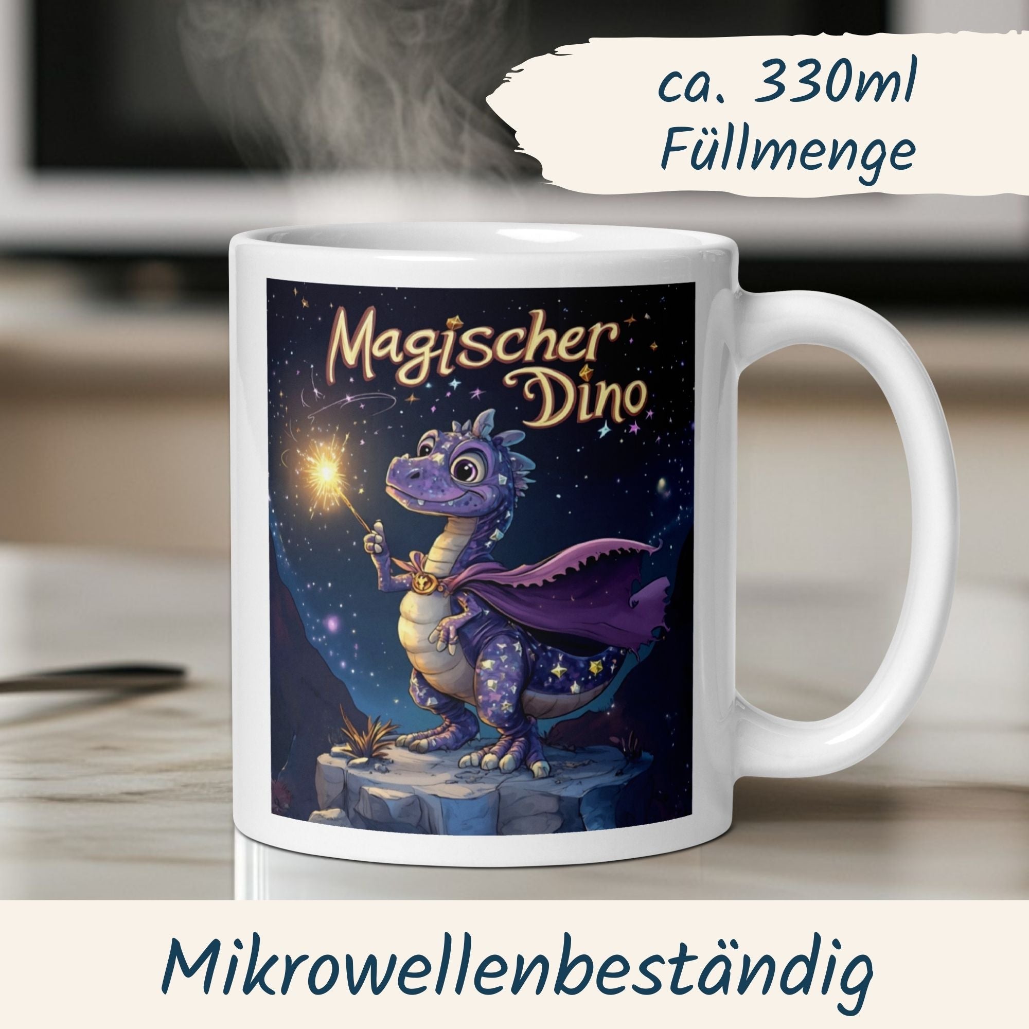 Magischer Dino Tasse mit einem zauberhaften Dinosaurier und Zauberstab, ideal für Kinder und Erwachsene.