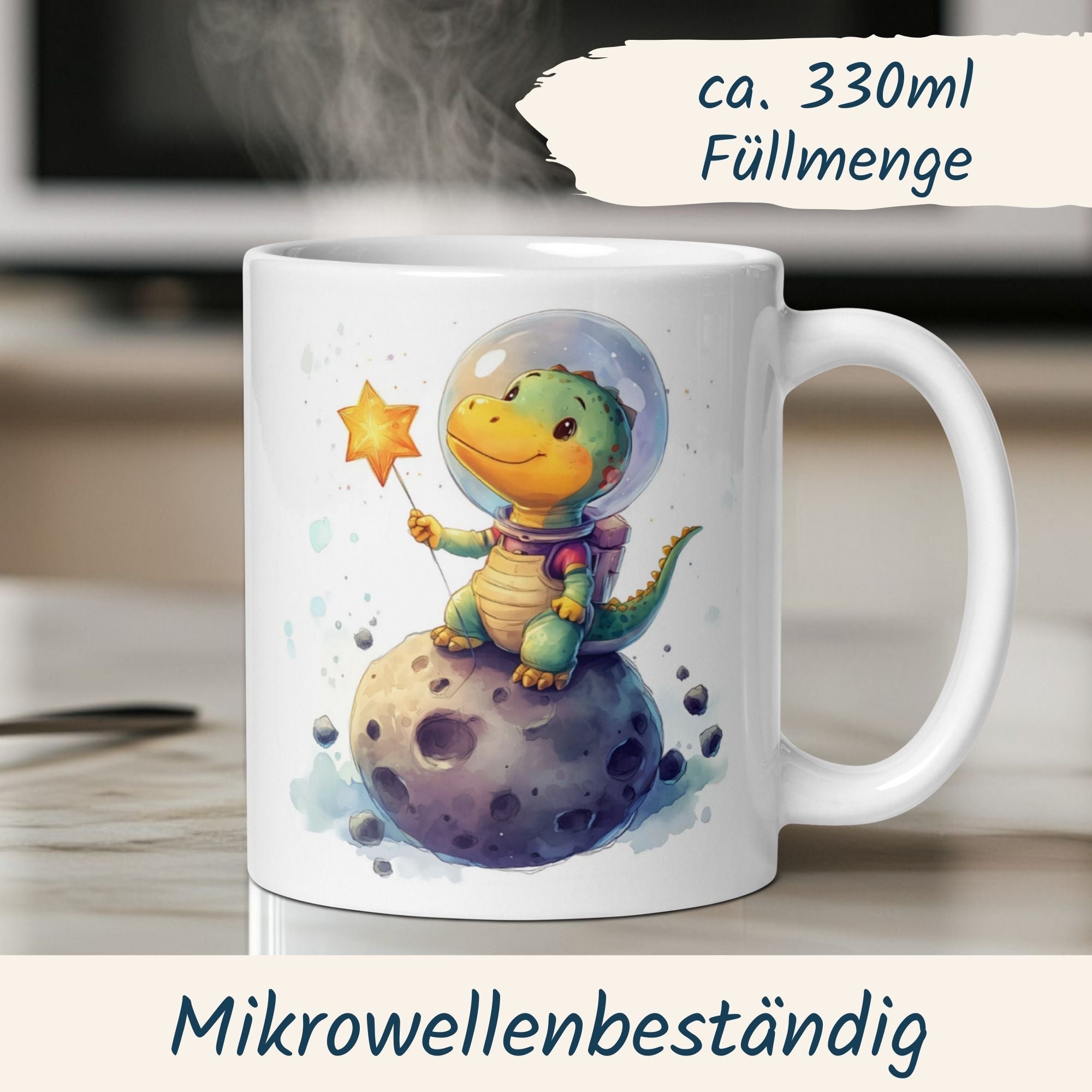 Kreative Dinosaurier Tasse im Weltraumdesign, Astronaut Dino sitzt auf Mond mit leuchtendem Stern, perfekt für den Morgen.