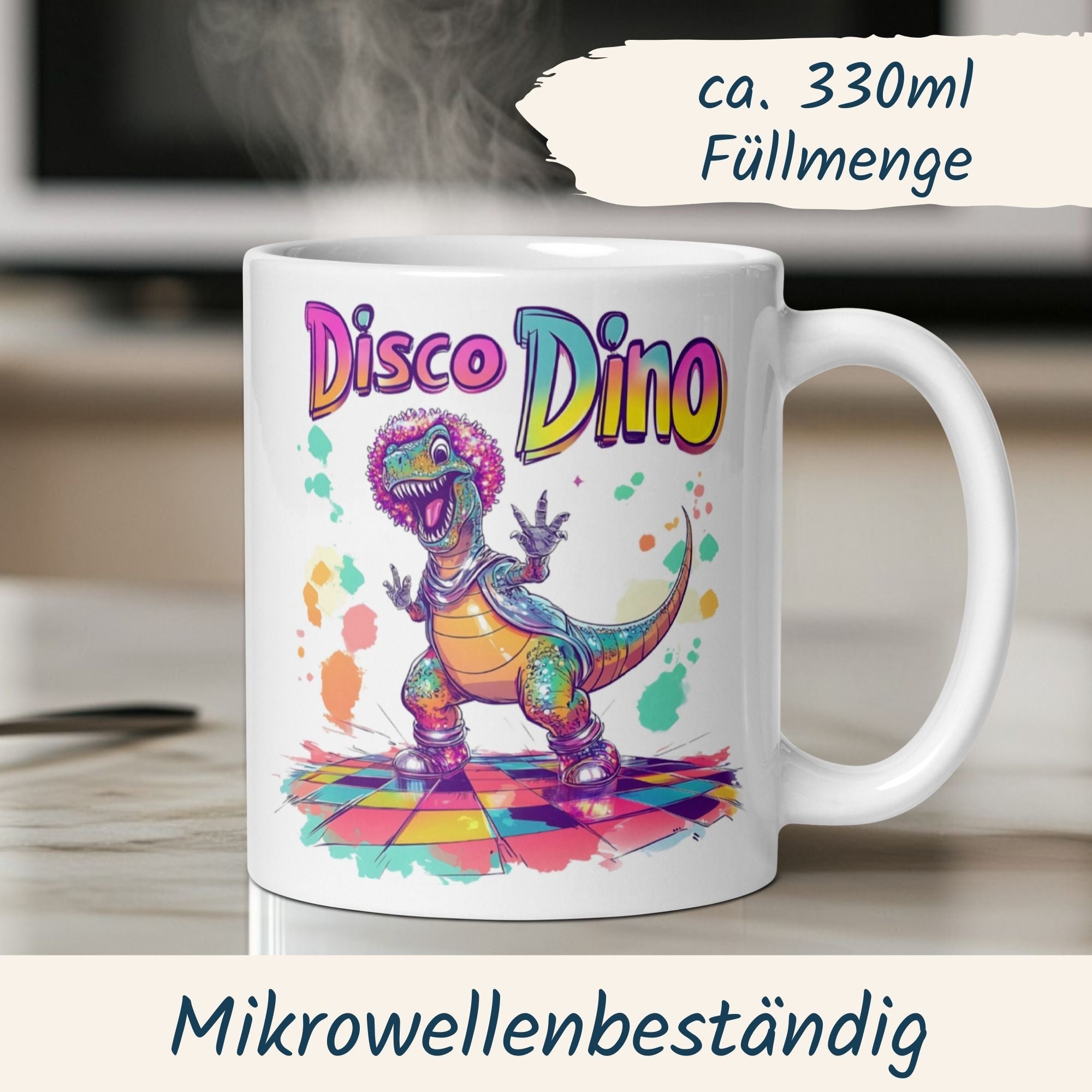 Farbenfrohe Disco Dino Tasse mit tanzendem Dinosaurier auf der Tanzfläche, perfekt für gute Laune und Kaffee.
