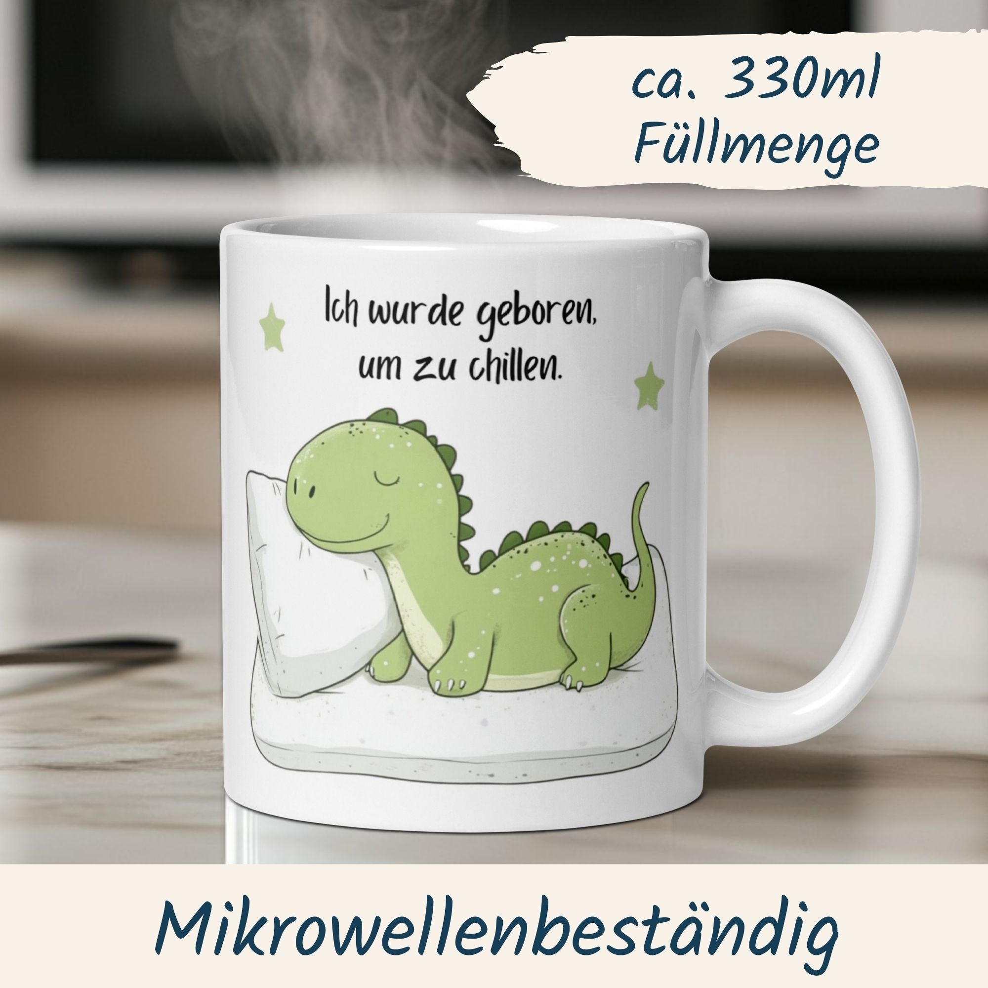 Niedliche Dino-Tasse mit Spruch "Ich wurde geboren, um zu chillen" - perfekt für Kaffee und Entspannung.