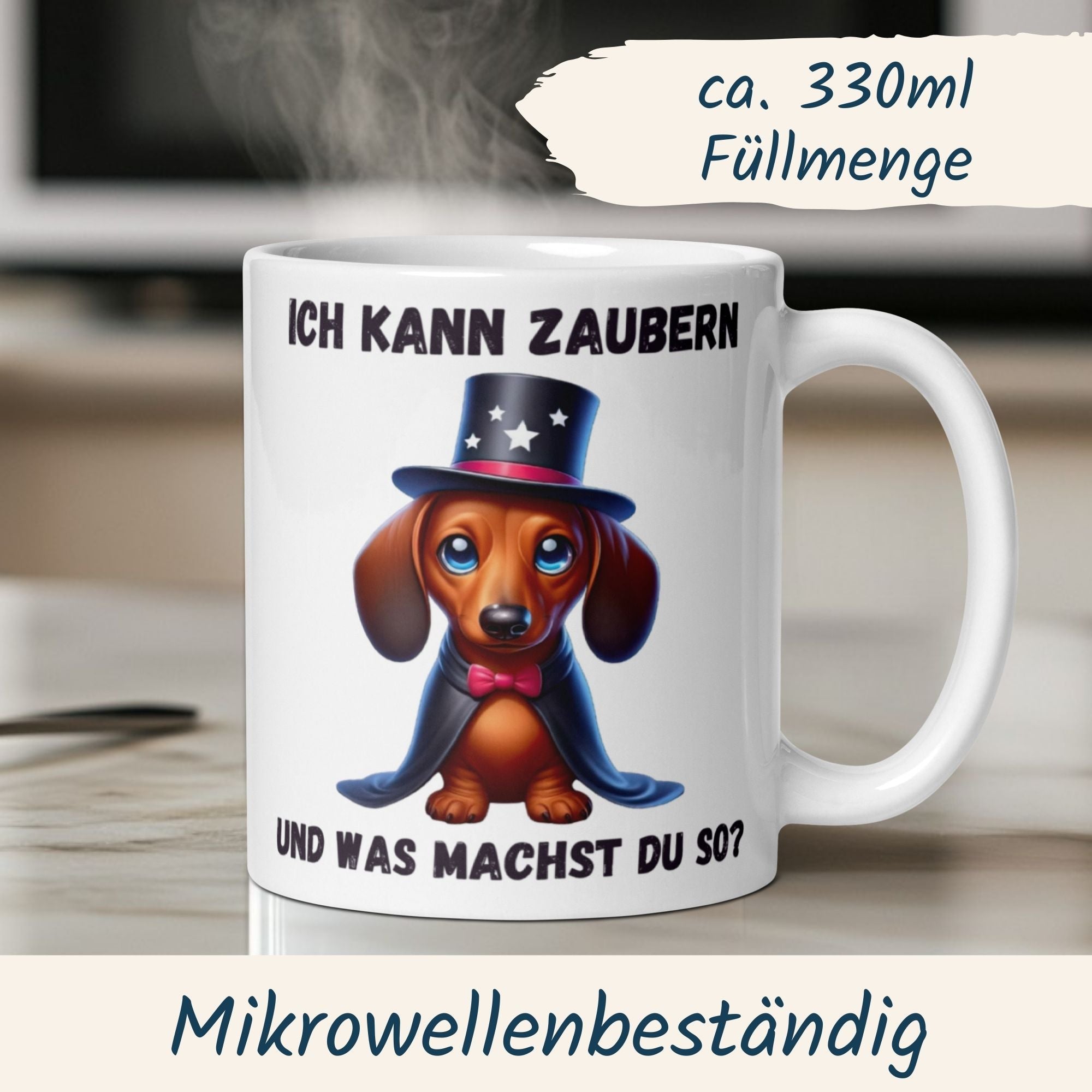 Momentals® Tasse mit Dackel als Magier und Spruch "Ich kann zaubern" – perfektes Geschenk für Zauberfans.