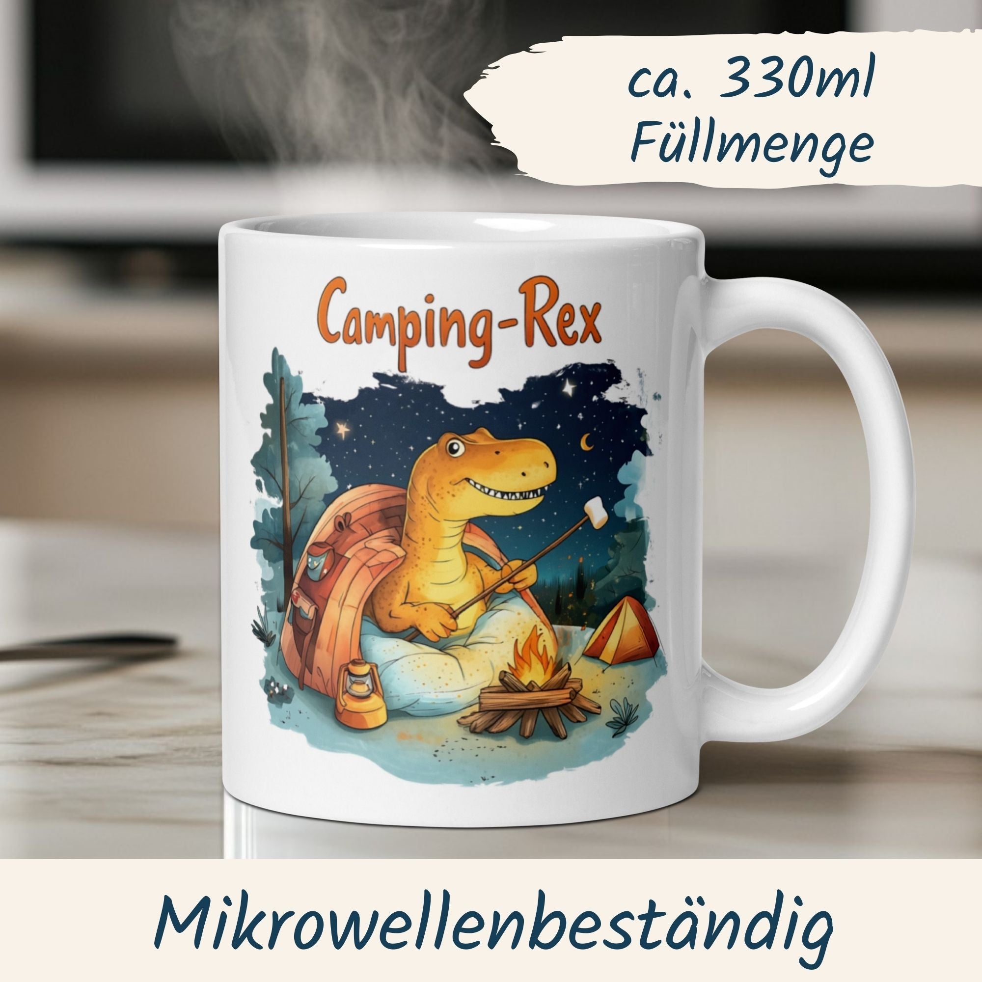 Tasse Camping Rex mit Dinosaurier am Lagerfeuer, ideal für Kaffee und Campingabenteuer.