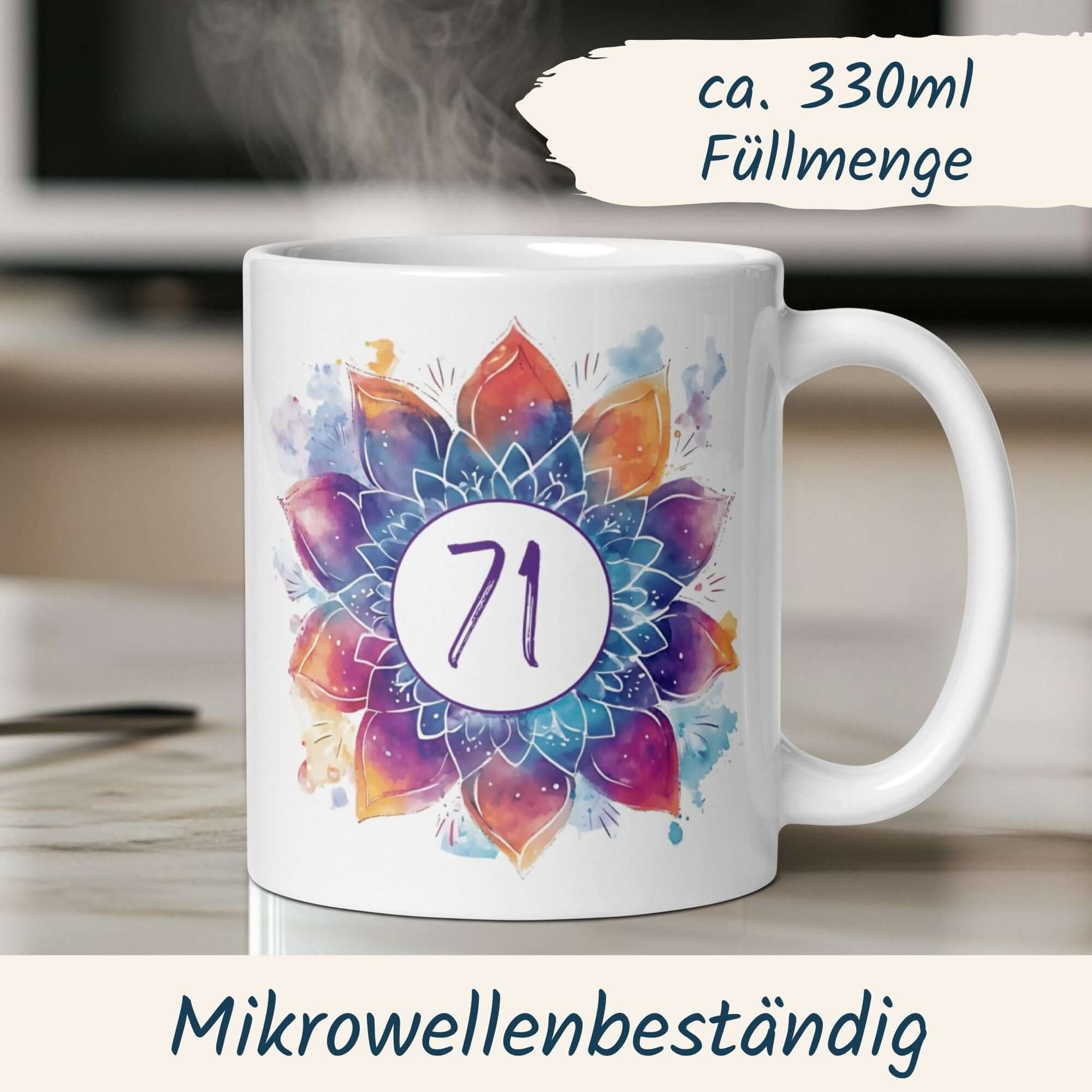 Farbenfrohe 71. Geburtstag Tasse mit Mandala Motiv, hochwertiger Keramik, mikrowellengeeignet, ca. 330ml.