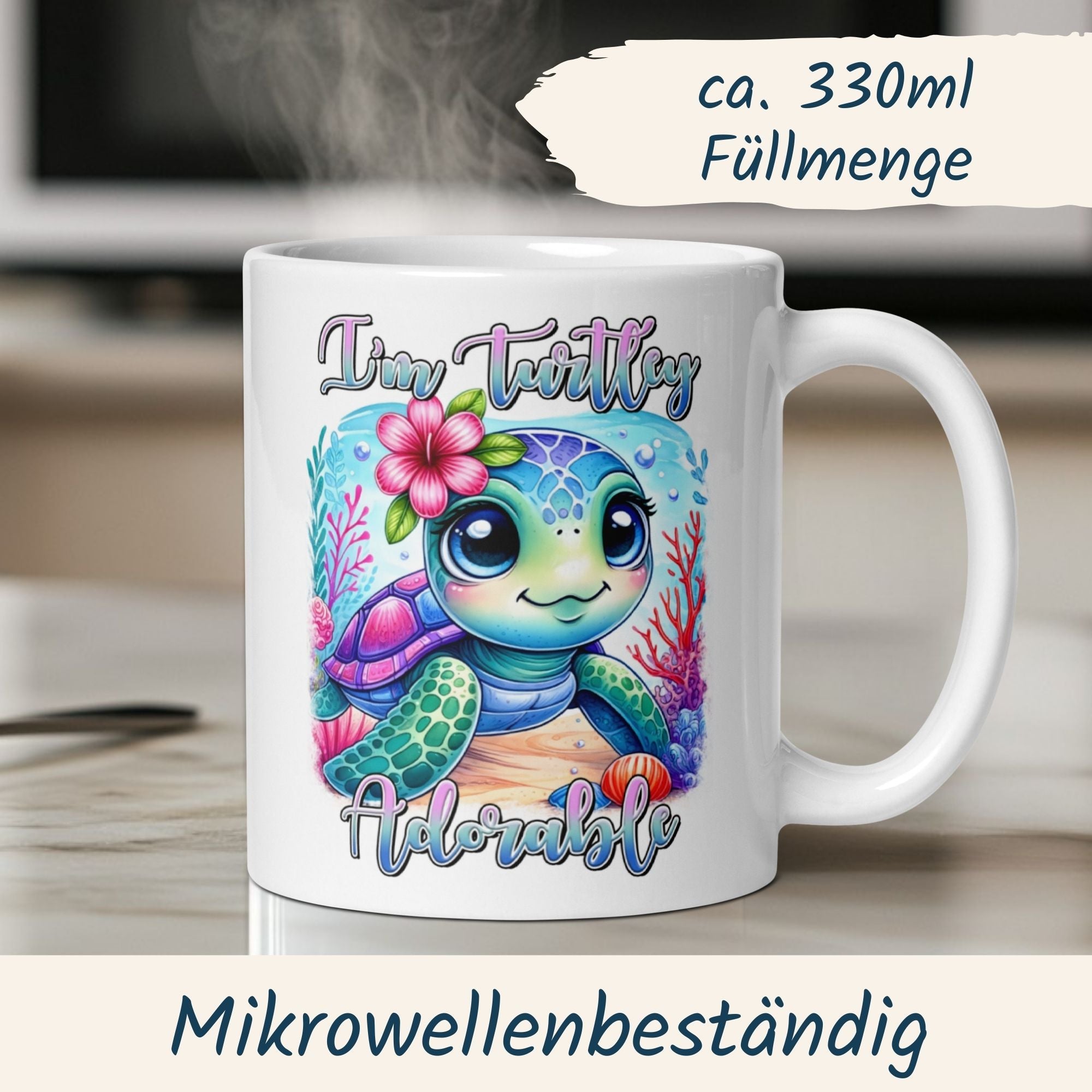 Momentals® Tasse mit niedlicher Schildkröte und Spruch "I’m Turtley Adorable" für gute Laune.