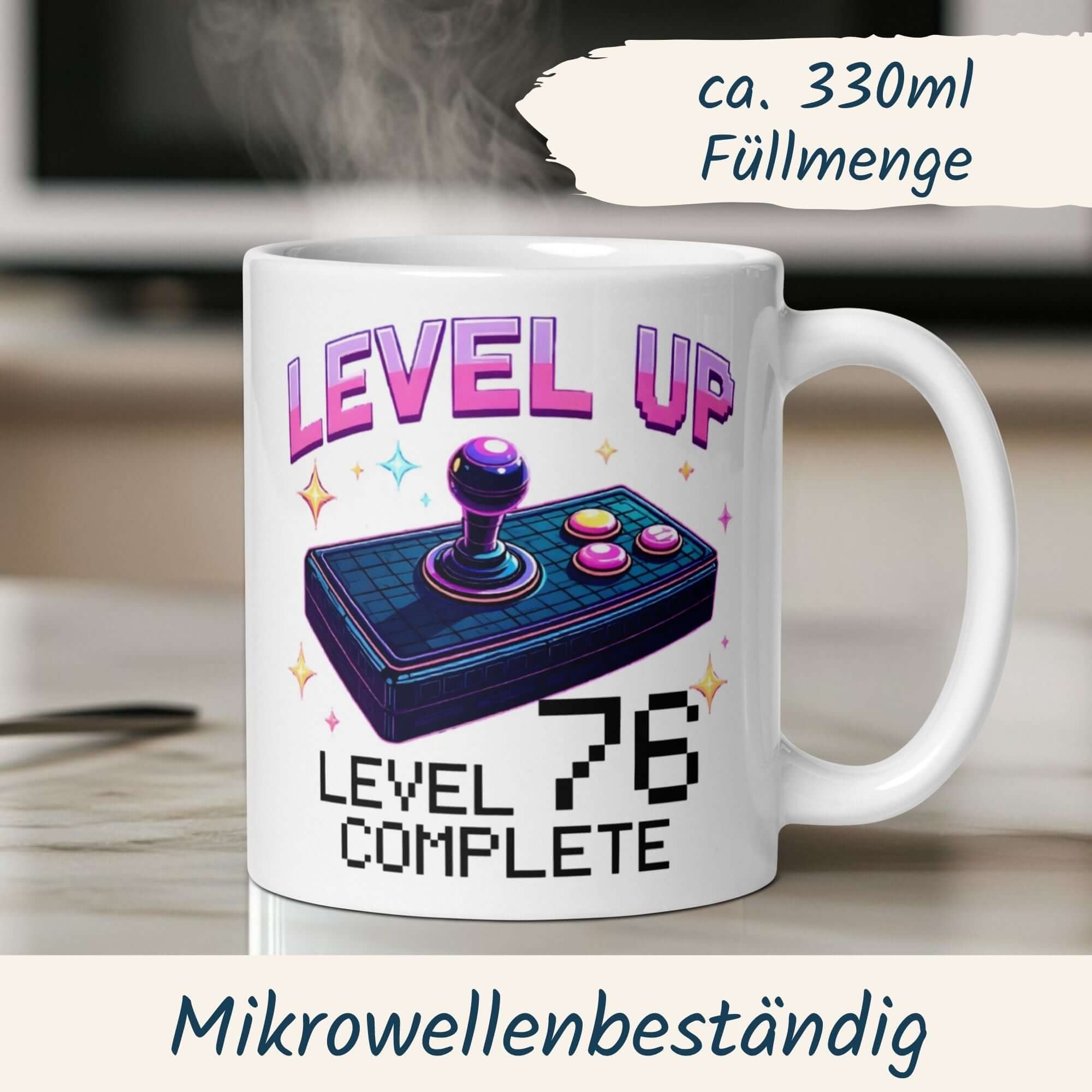 Kaffeetasse für Gamer mit Joystick-Design und Spruch "Level 76 Complete" – perfektes Geschenk zum 76. Geburtstag.