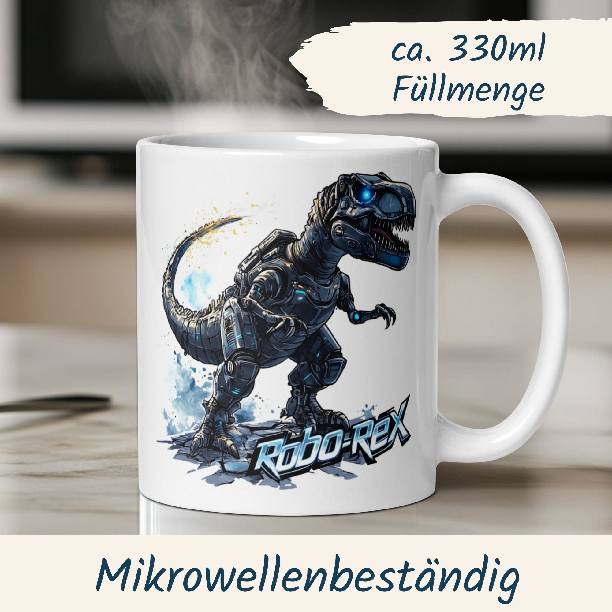 Robo Rex Tasse mit Dinosaurier-Design, futuristisch und mikrowellenbeständig, perfekt für jeden Tisch.