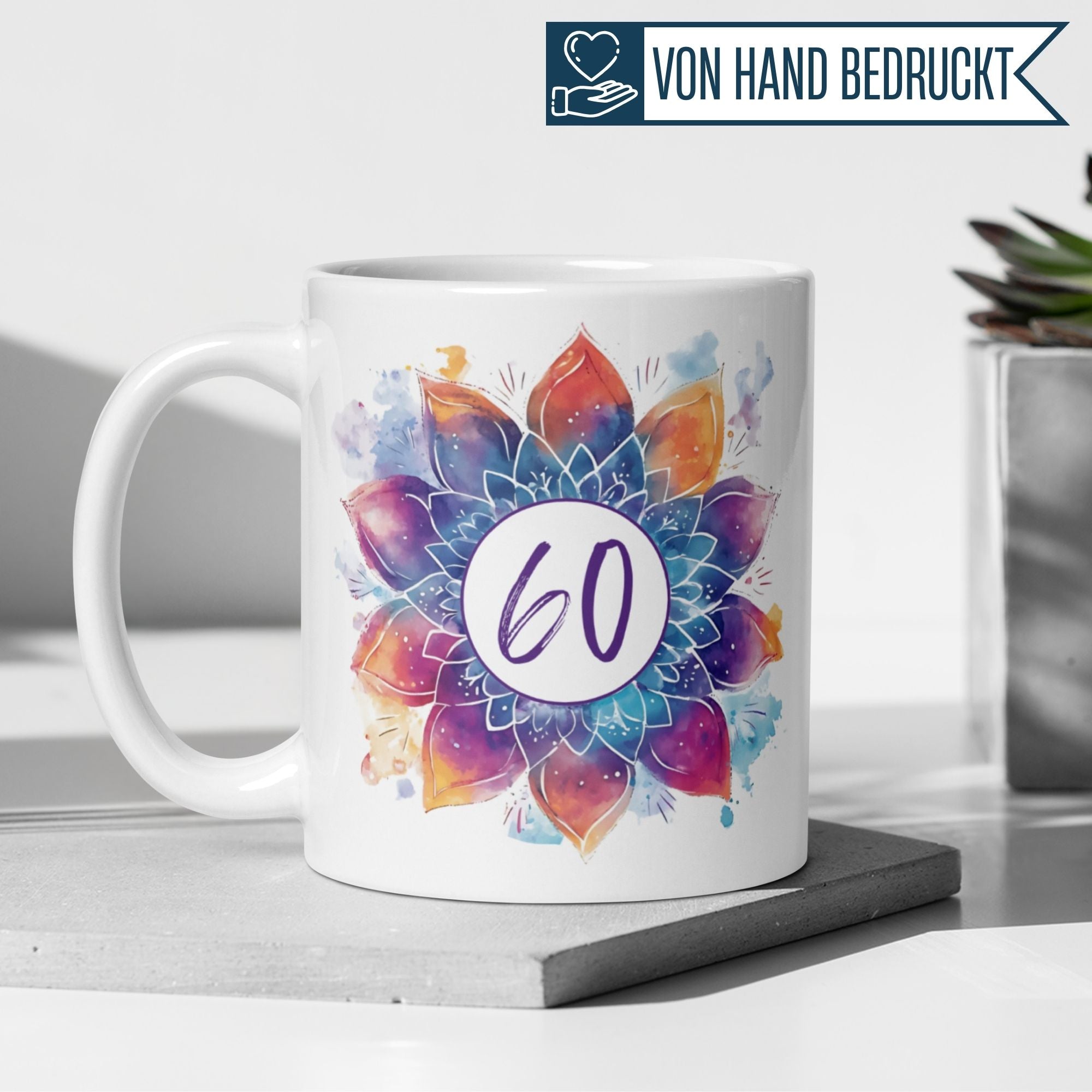 Momentals® Tasse 60. Geburtstag | Mandala Motiv | Farbenfrohes Muster mit Alterszahl • Momentals