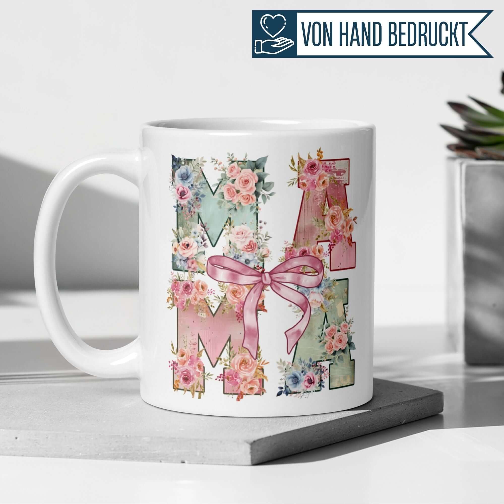 Floral Mama mug with vintage design and pink bow, perfect gift for stylish moms.