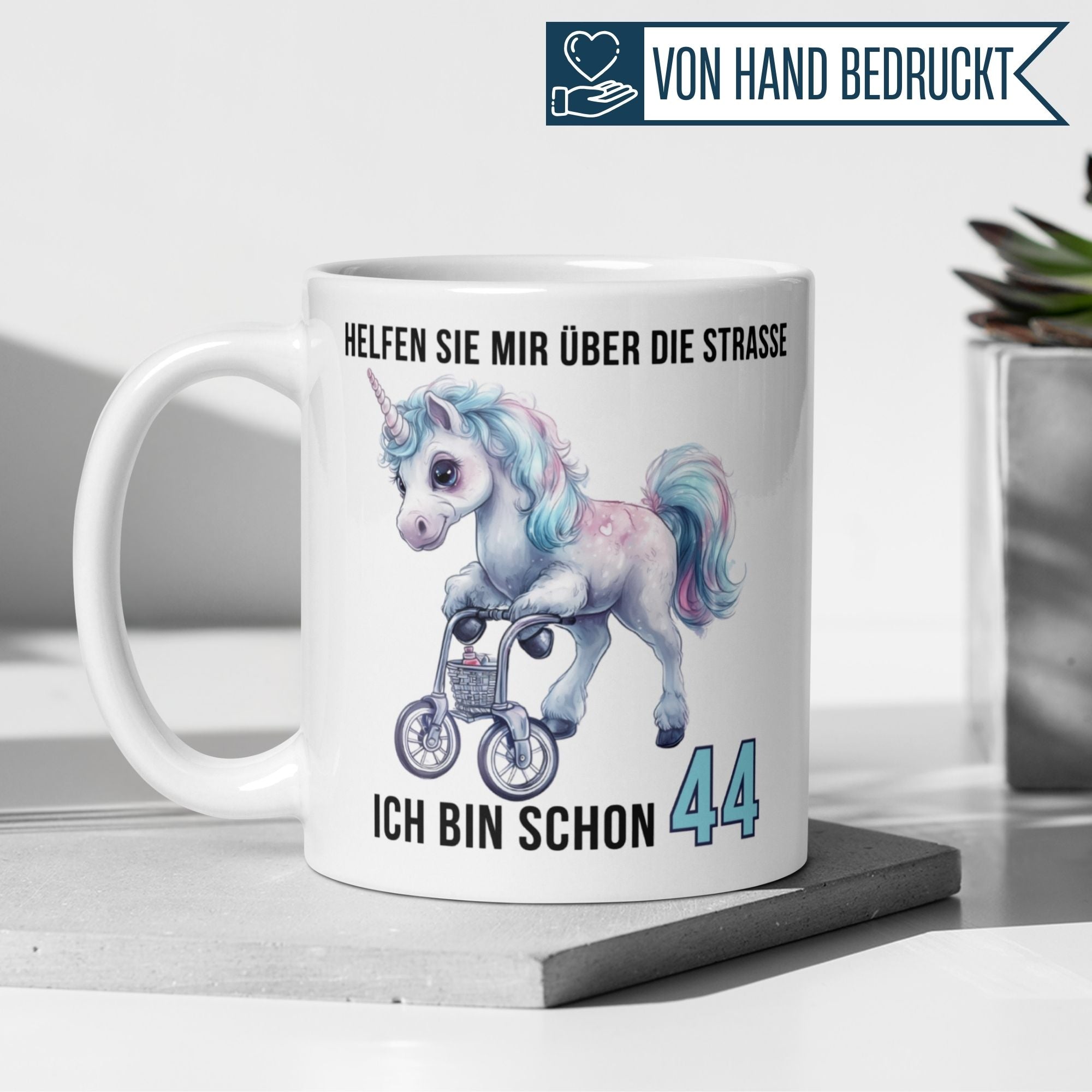 Humorous unicorn mug for 44th birthday with playful quote, perfect for celebrations and laughs.