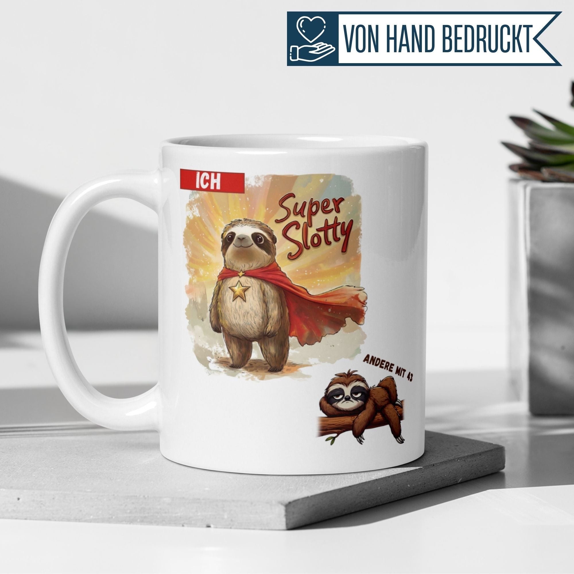 Momentals® 43rd Birthday mug featuring Super Slotty sloth and humorous design for a fun birthday celebration.