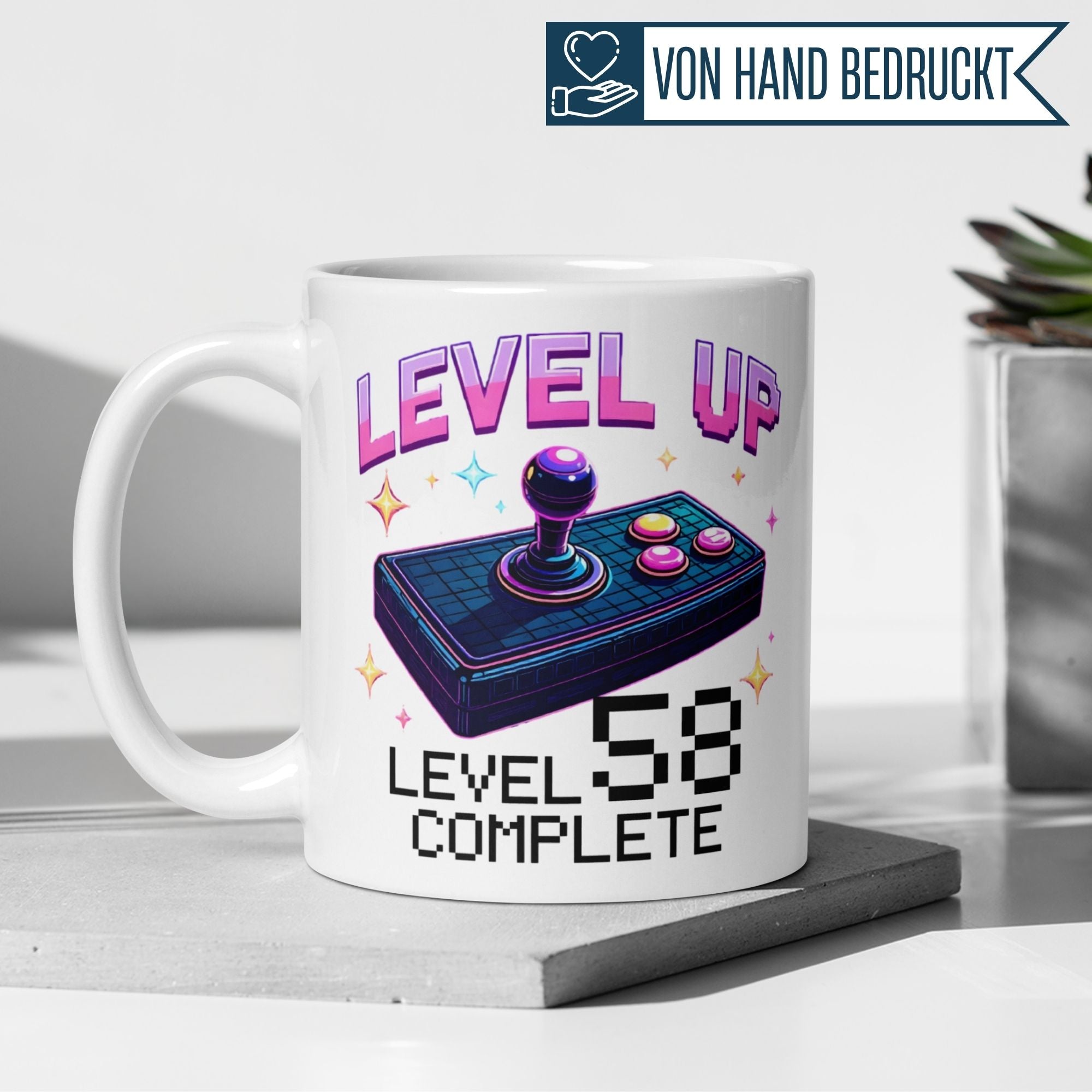 Tasse mit retro Gaming-Motiv, Level UP, Level 58 komplett, ideal für Gamer Geburtstag.