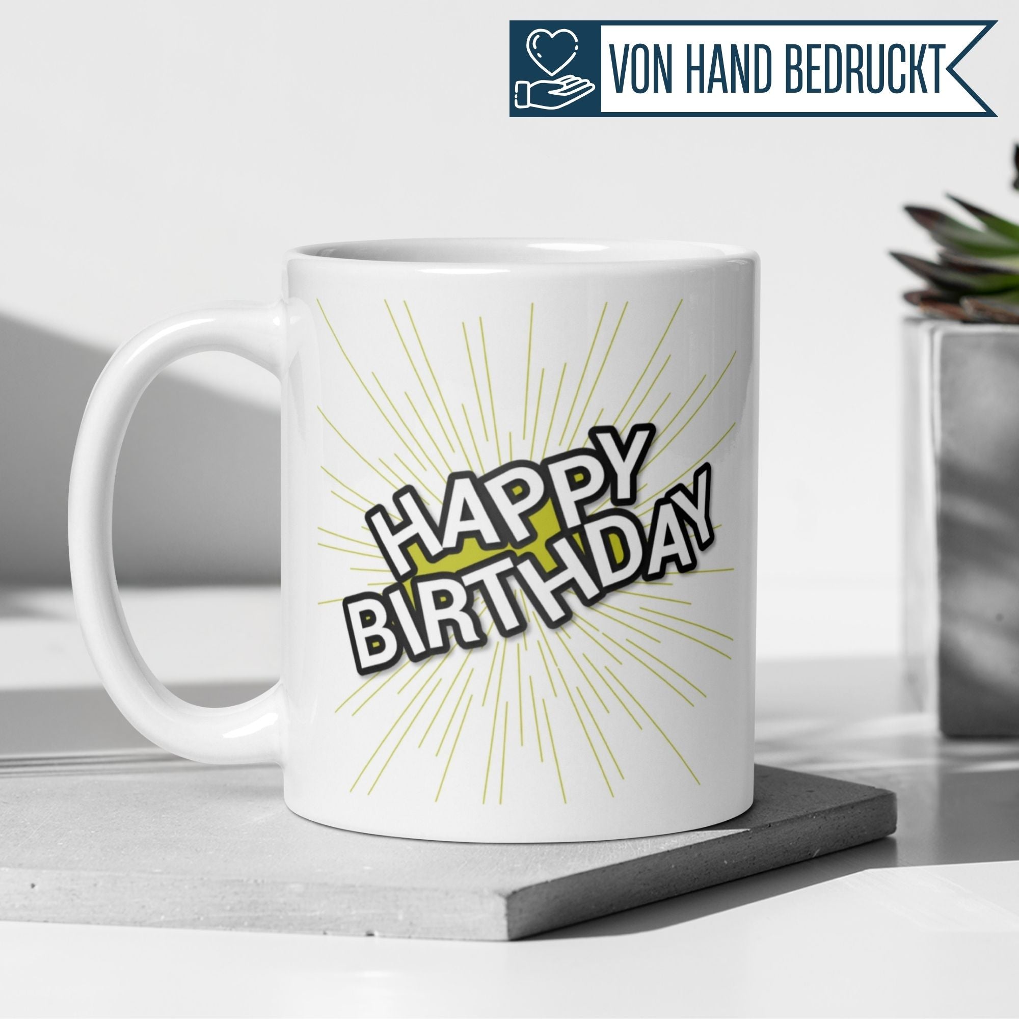 Momentals® Tasse mit Aufschrift "Happy Birthday" in strahlendem Design – perfektes Geschenk für Geburtstagsfeiern.