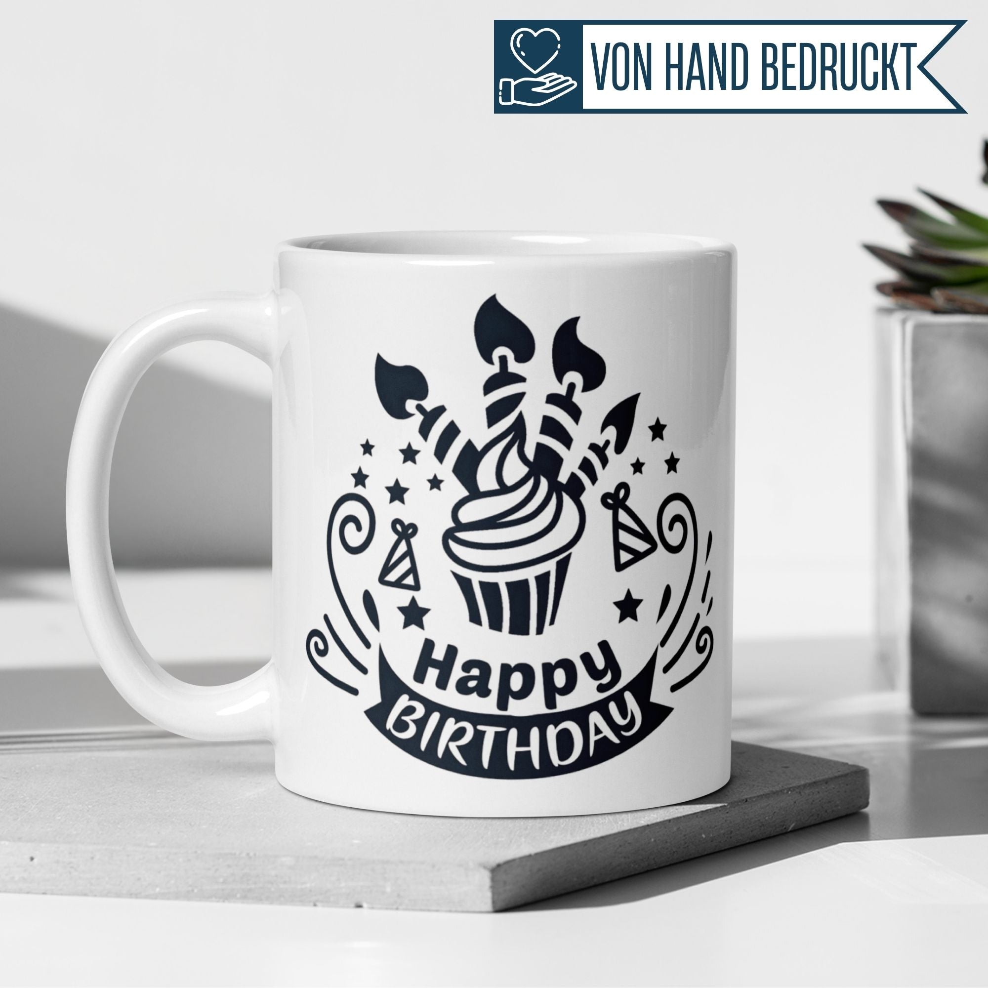 Stylish black and white birthday cup with cupcake and candles design, perfect for celebrations!