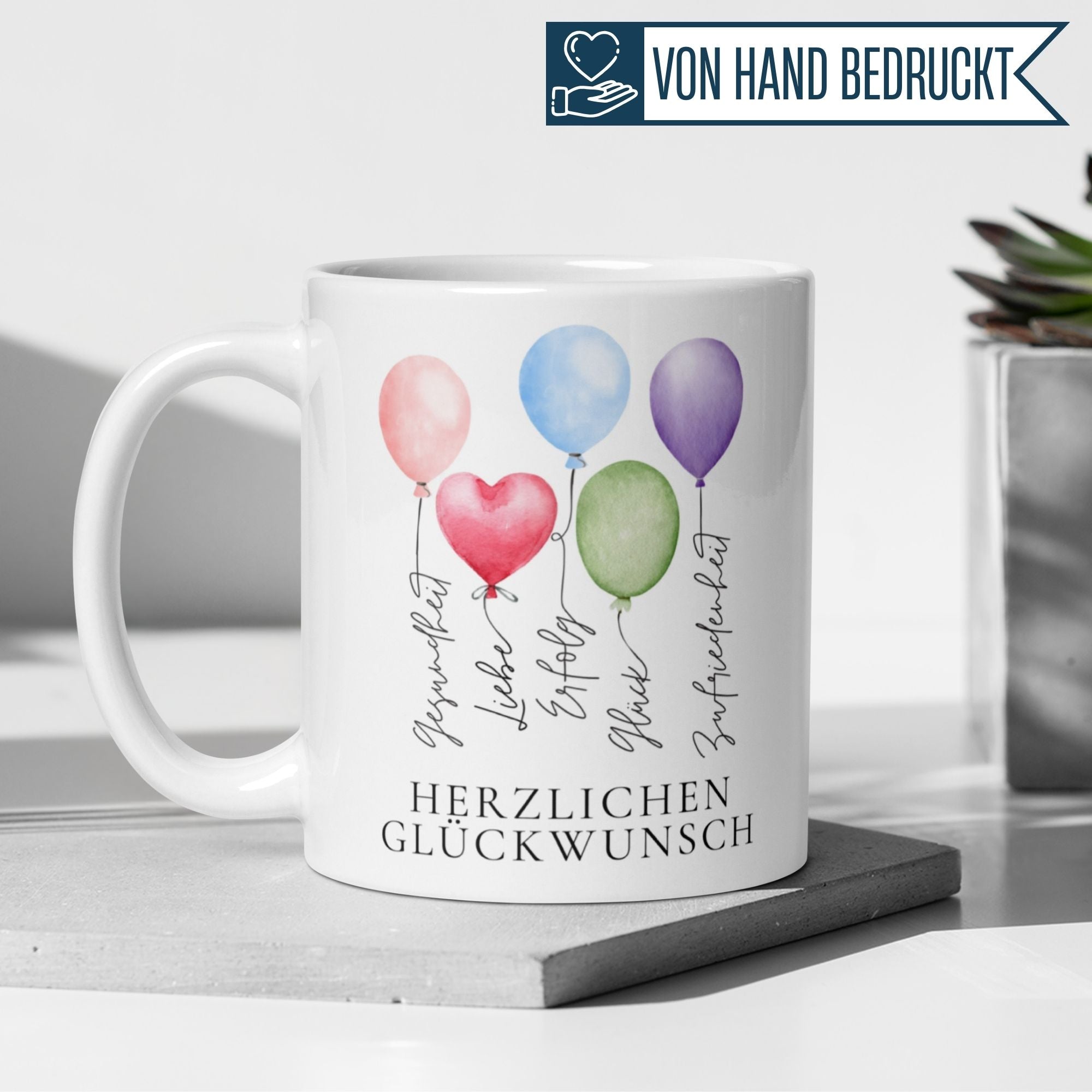 Momentals® Tasse mit bunten Ballons und Wünschen zum Geburtstag, herzlichen Glückwunsch.