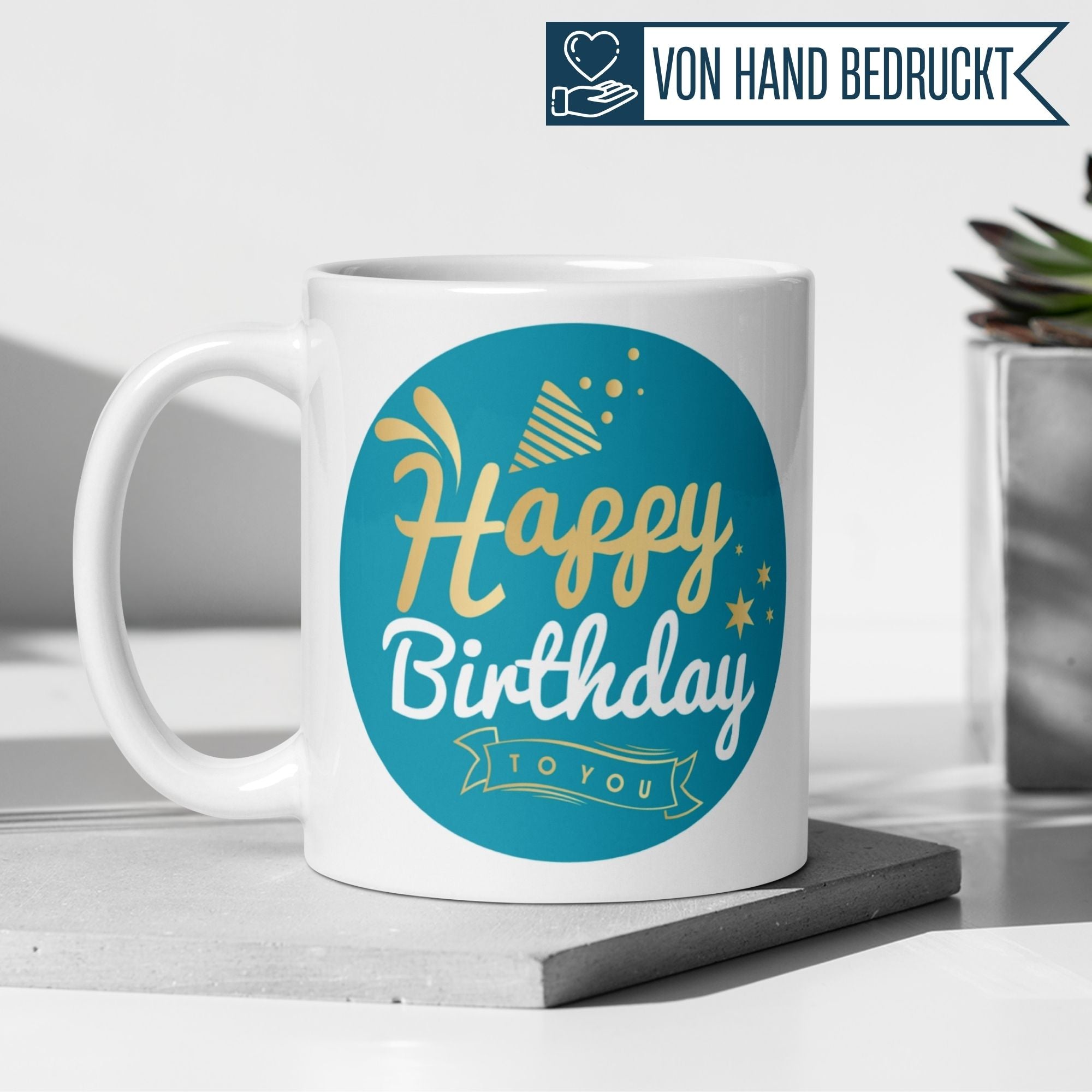 Momentals Happy Birthday to You mug in turquoise and gold, perfect for celebrating special days.