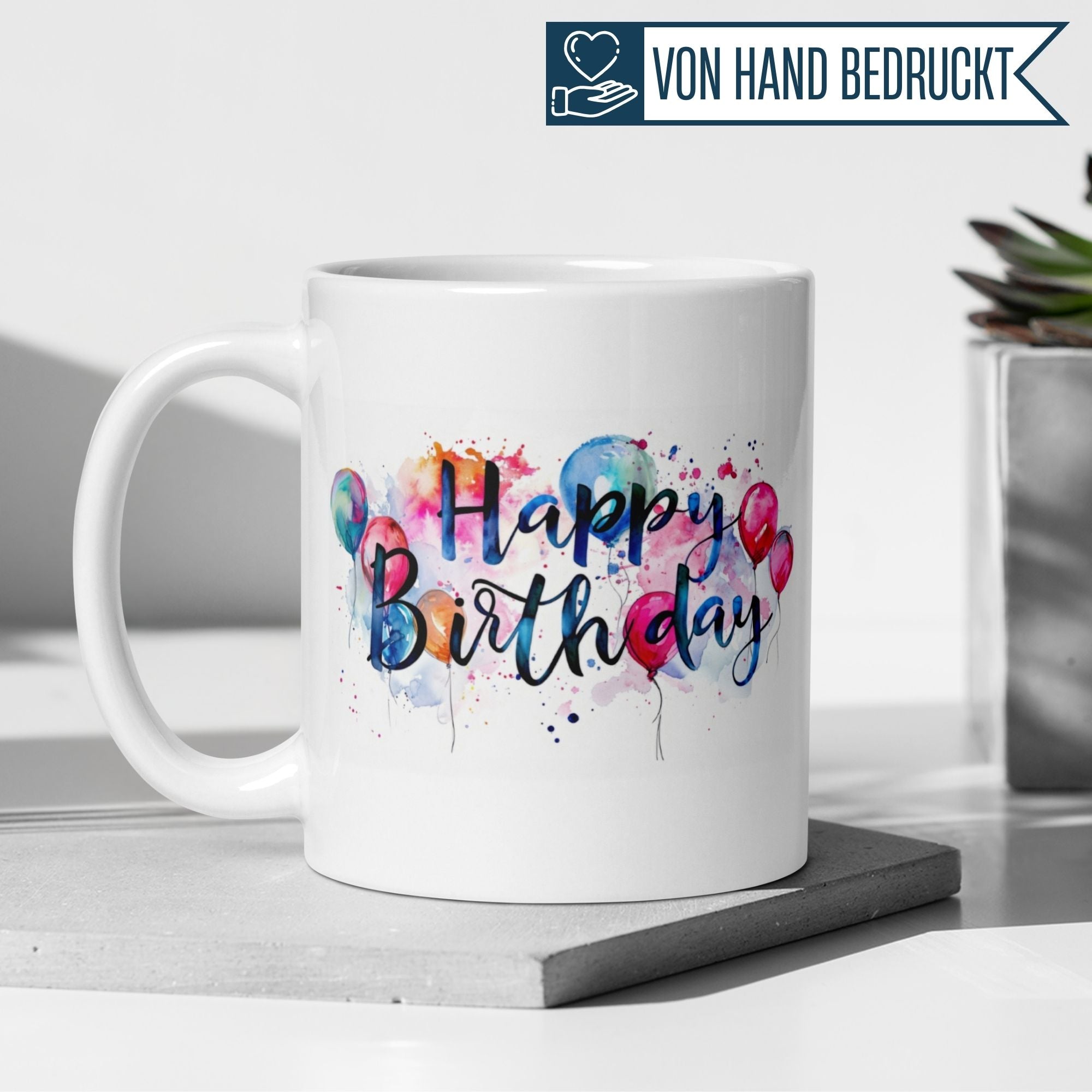 Colorful birthday mug with watercolor balloons and 'Happy Birthday' lettering, perfect for celebrating special moments.