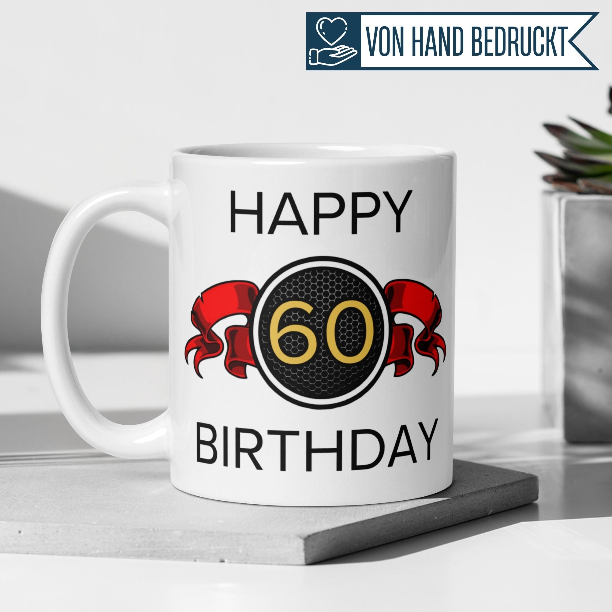 Momentals® Tasse 60. Geburtstag | Wappen & Spruch | Happy Birthday mit roter Schleife • Momentals