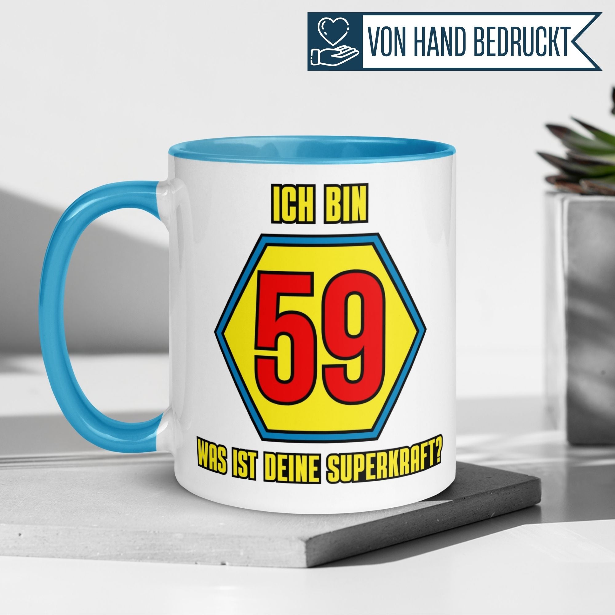 Momentals® Tasse 59. Geburtstag | Superheld & Spruch | Ich bin 59 und was ist deine Superkraft