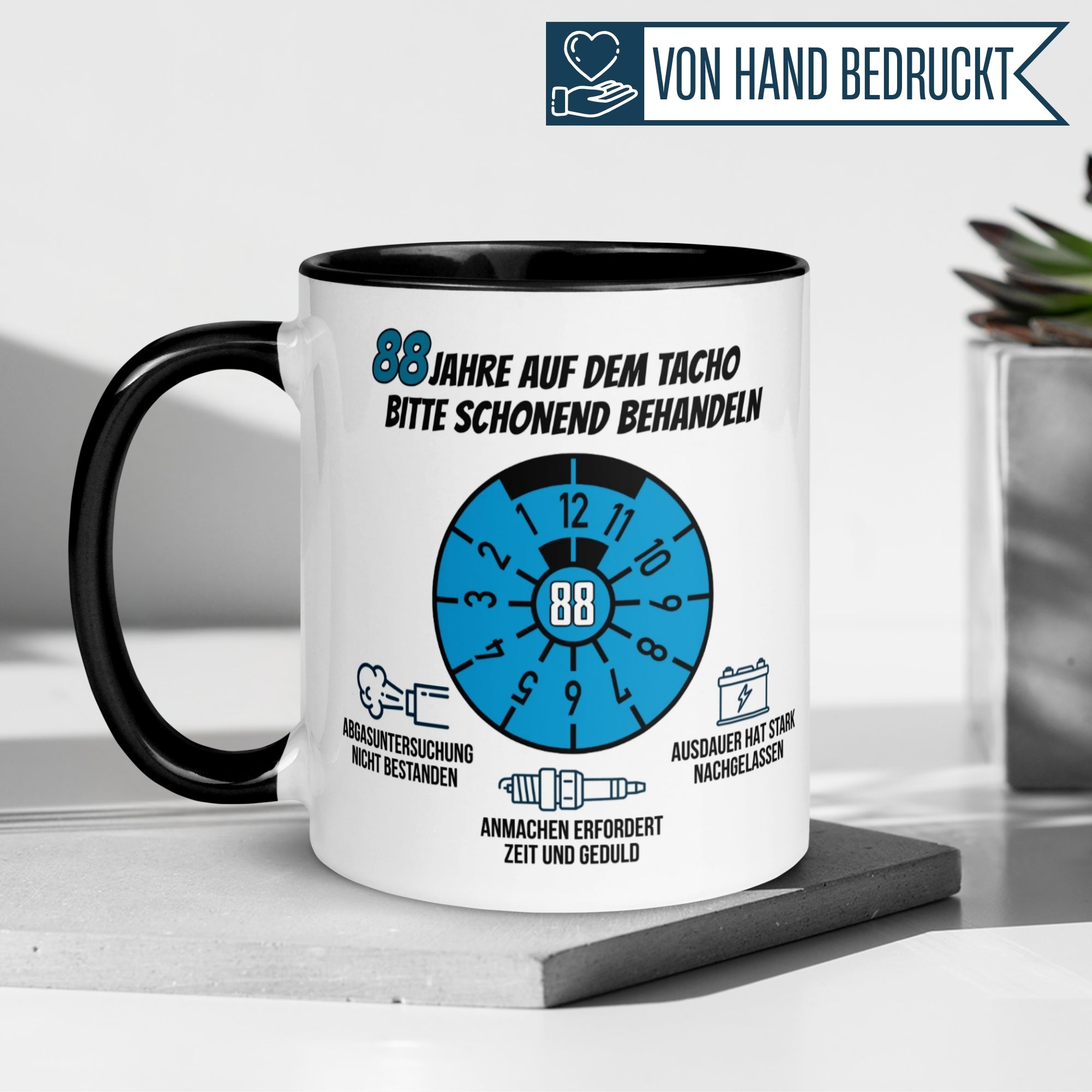 Momentals® Tasse 88. Geburtstag | Siegel & Spruch | 88 Jahre auf dem Tacho - Schonend behandeln