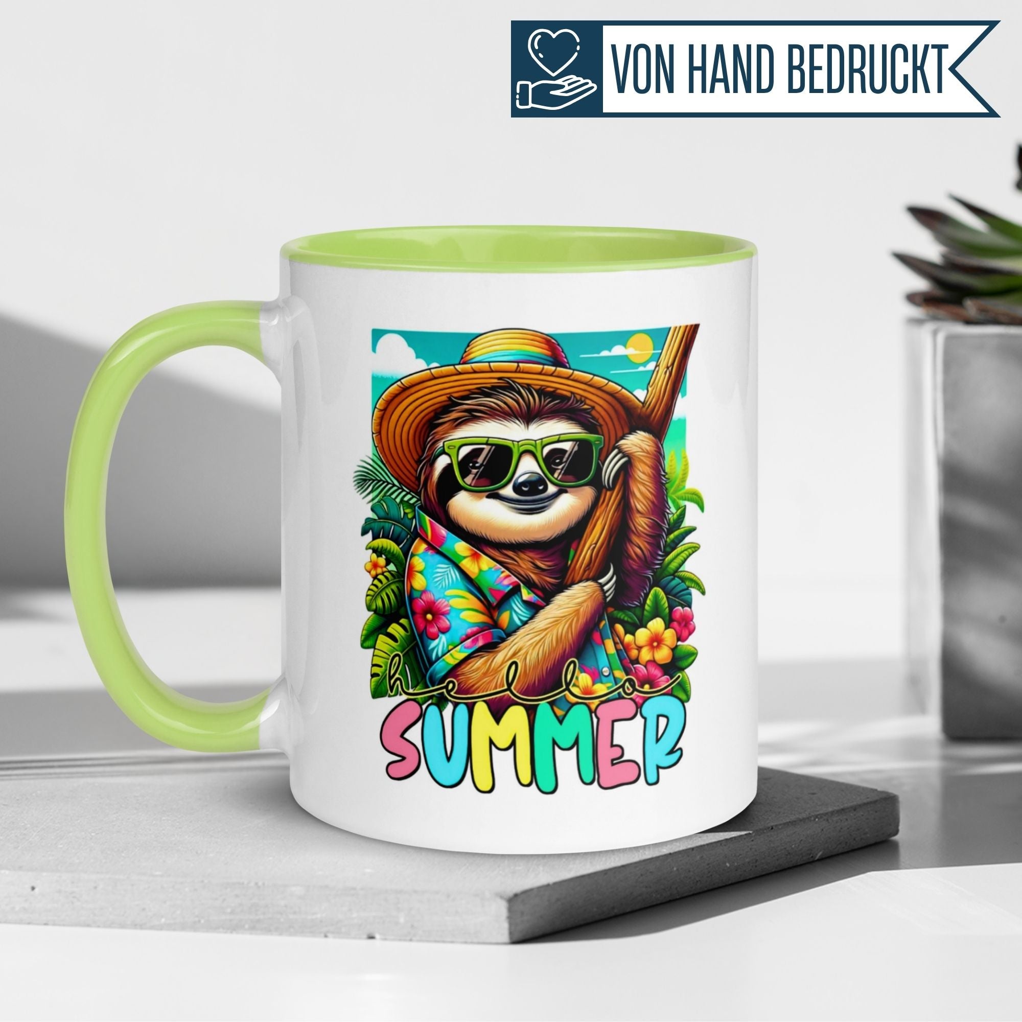 Colorful sloth mug with summer vibes, featuring sunglasses and Hawaiian shirt, perfect for sunny days.