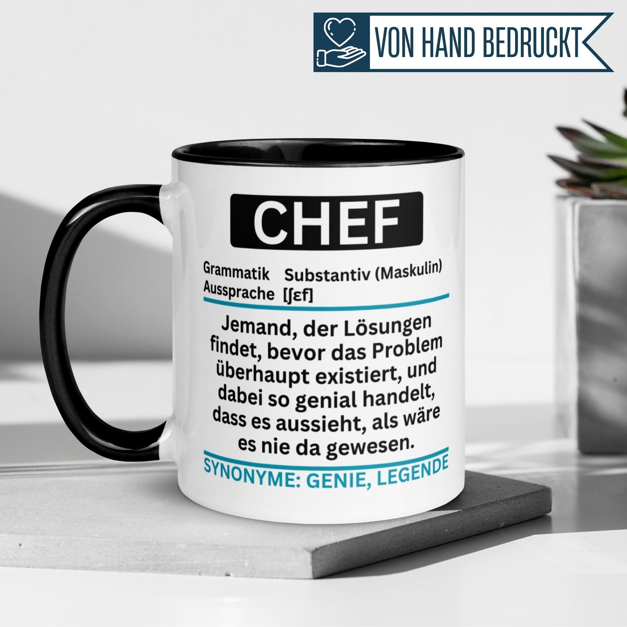 Momentals Tasse Chef mit Lexikonstil und humorvollem Definitionstext für Abschiedsgeschenke.