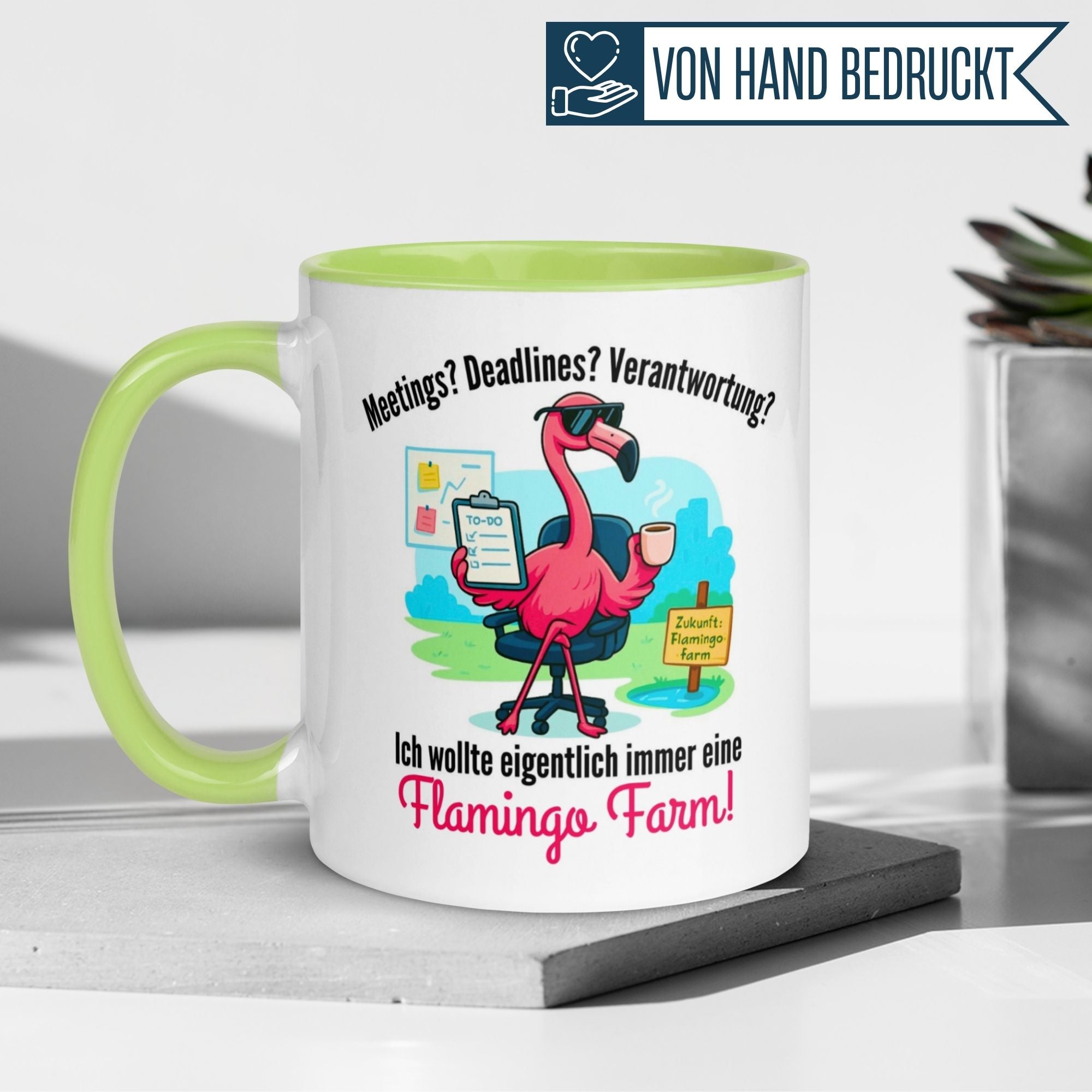 Bunte Tasse mit Flamingo und Spruch für Morgenmuffel: "Ich wollte eigentlich immer eine Flamingo Farm!"