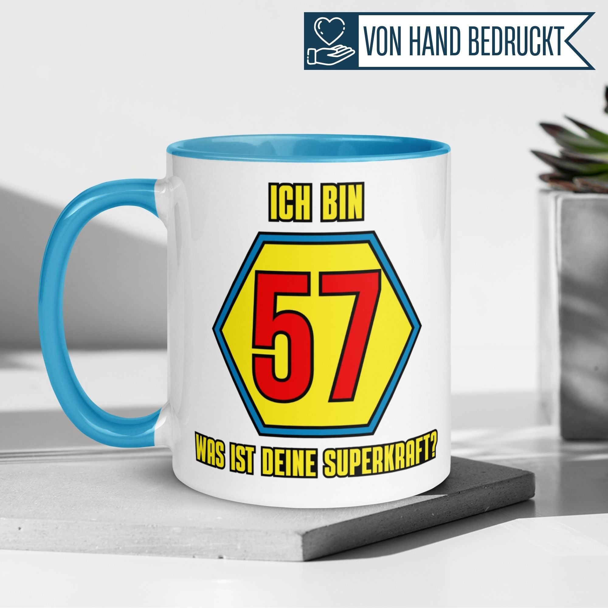 Momentals® Tasse 57. Geburtstag | Superheld & Spruch | Ich bin 57 und was ist deine Superkraft