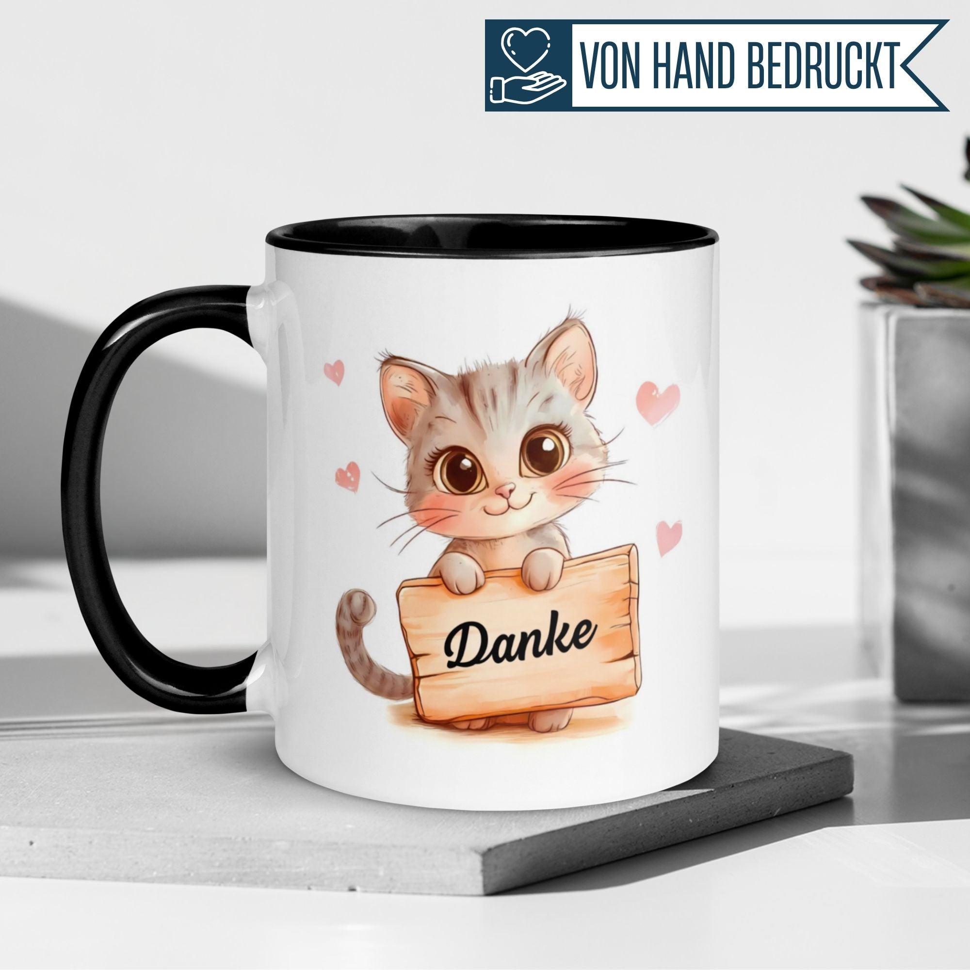 Momentals® Tasse mit Katzenmotiv und Dankeschön-Schild; ideal für Wertschätzung und Kaffeepausen.