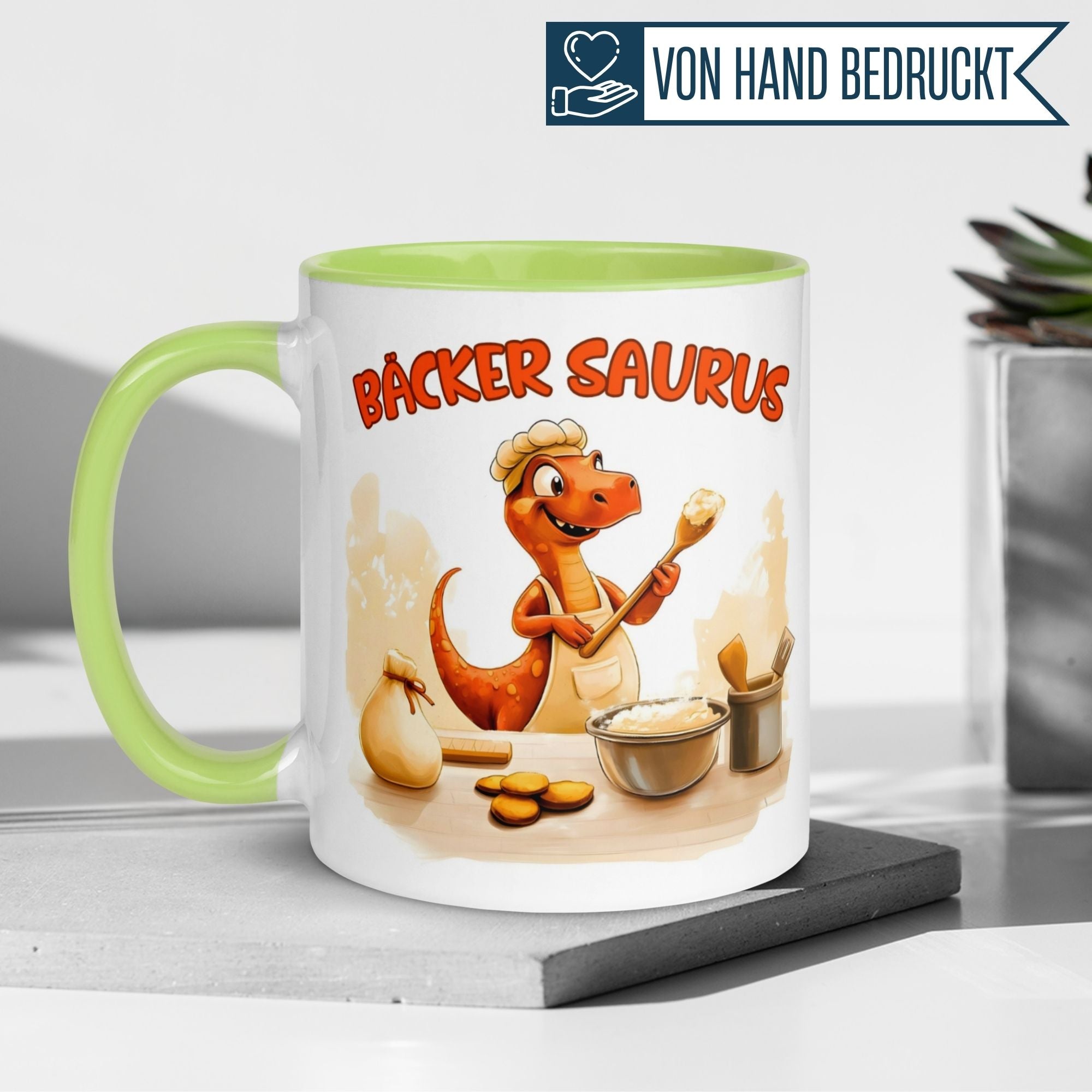 Tasse Dinosaurier – „Bäcker Saurus“ – Dino Geschenk Becher für Back Fans
