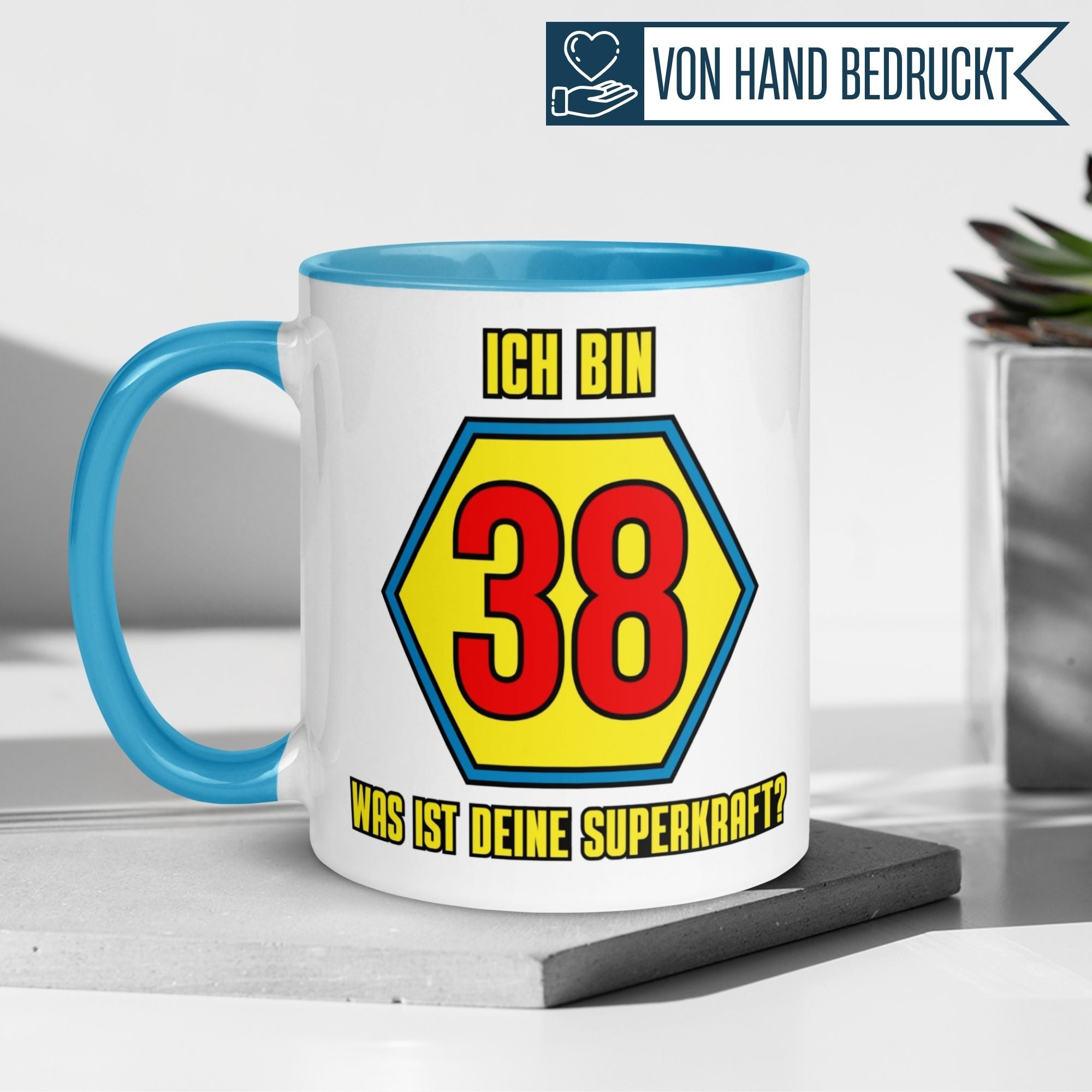 Momentals® Tasse 38. Geburtstag | Superheld & Spruch | Ich bin 38 und was ist deine Superkraft