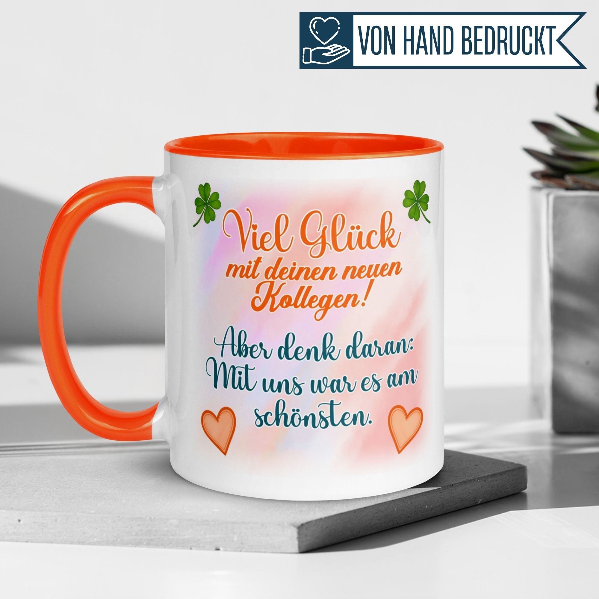 Momentals® Tasse Abschied | Kleeblatt & Herzen | Viel Glück mit deinen neuen Kollegen