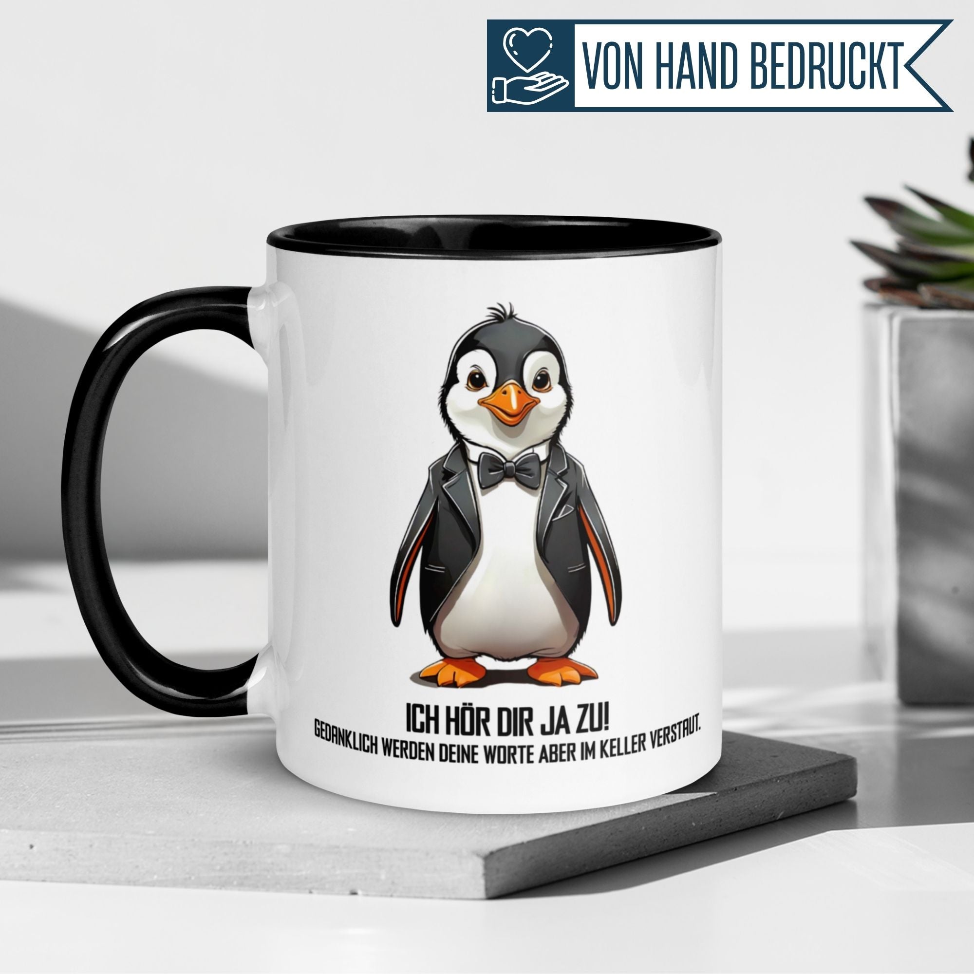 Momentals® Tasse für Morgenmuffel mit humorvollem Pinguin-Motiv und Spruch: 'Ich hör dir ja zu!'