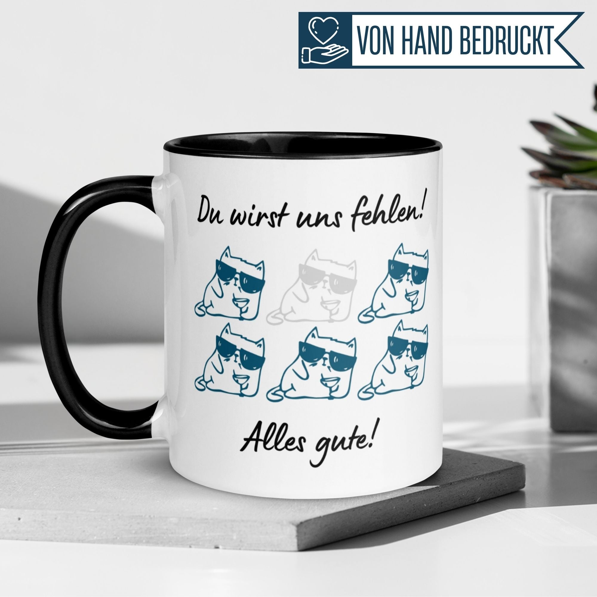 Momentals Tasse mit Katzen und Spruch "Du wirst uns fehlen! Alles Gute!" für Kollegen.