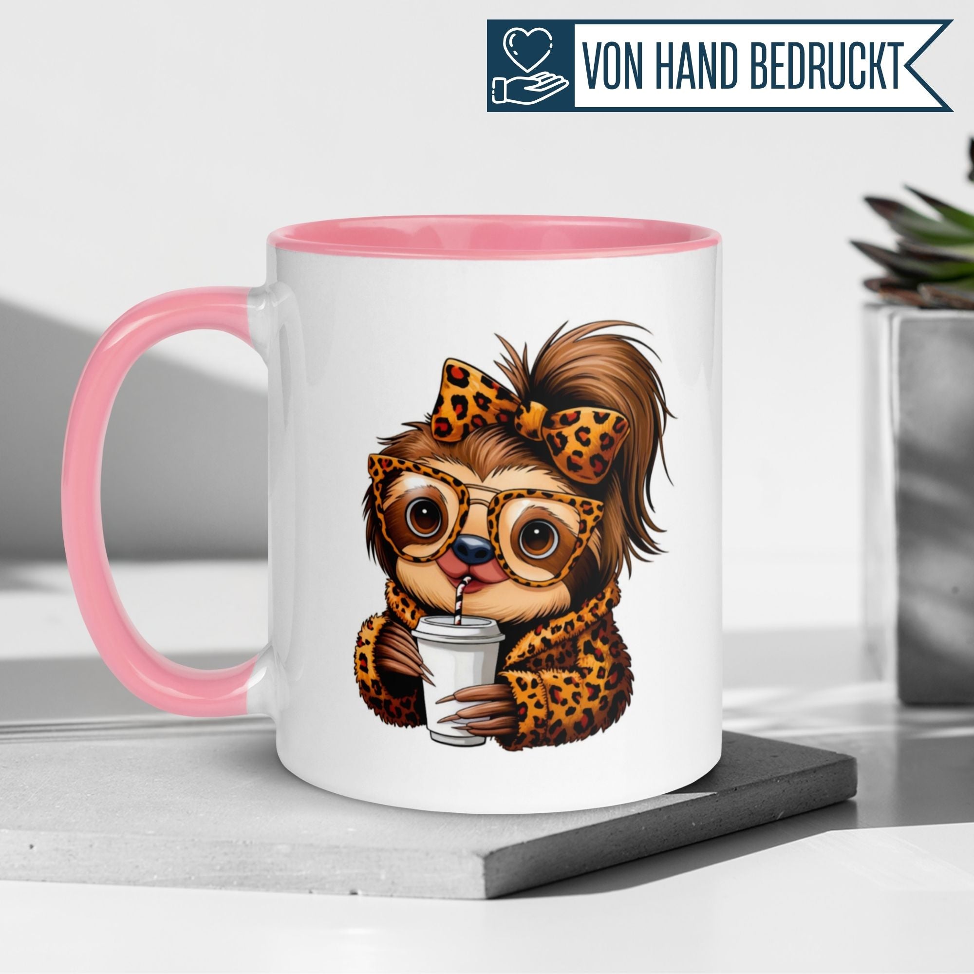 Stylish sloth mug with leopard print, holding a drink, perfect for coffee lovers and trendy gifts.