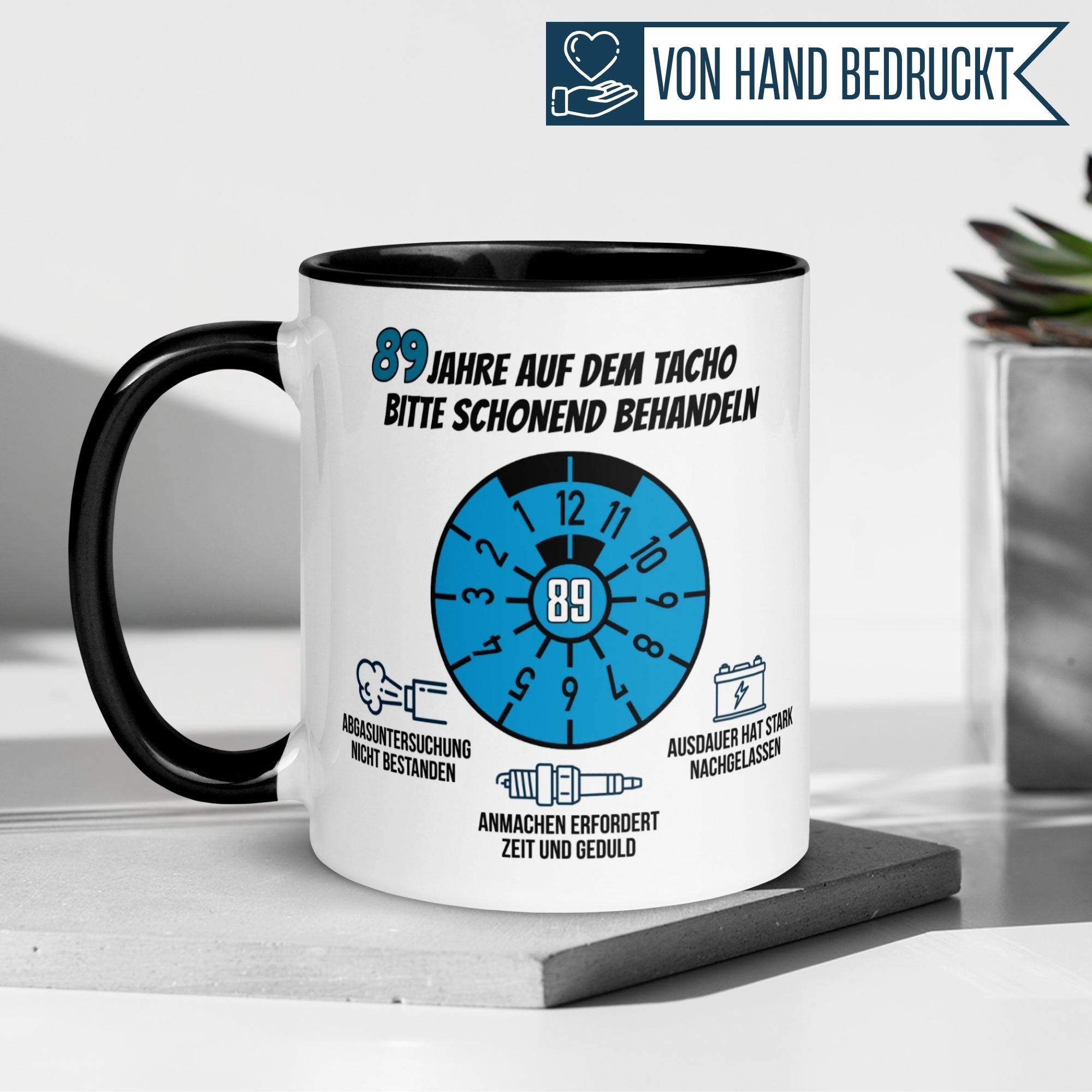 Momentals® Tasse 89. Geburtstag | Siegel & Spruch | 89 Jahre auf dem Tacho - Schonend behandeln
