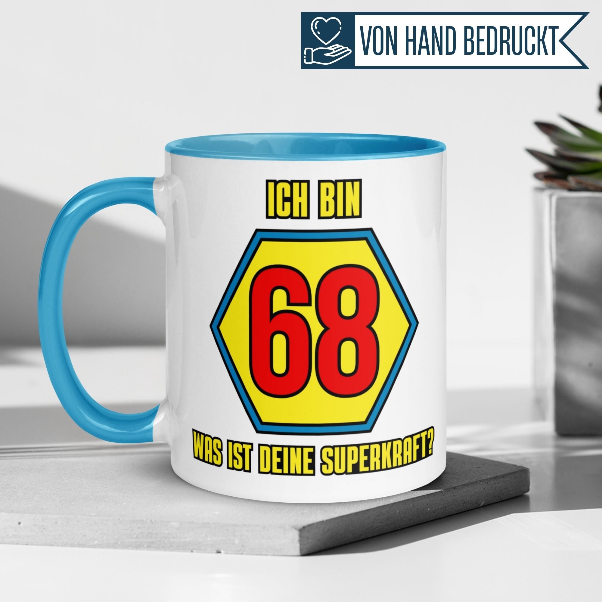 Momentals® Tasse 68. Geburtstag | Superheld & Spruch | Ich bin 68 und was ist deine Superkraft