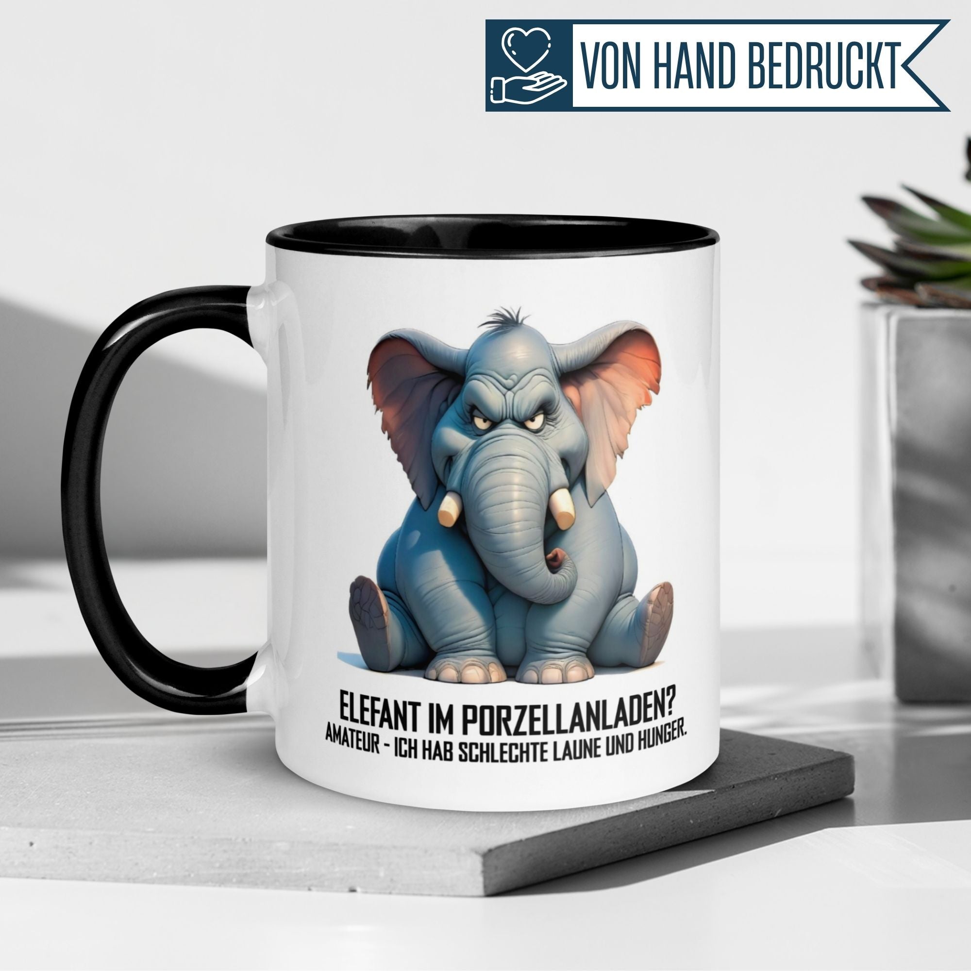Momentals® Tasse mit Elefantenmotiv und humorvollem Spruch für Morgenmuffel.