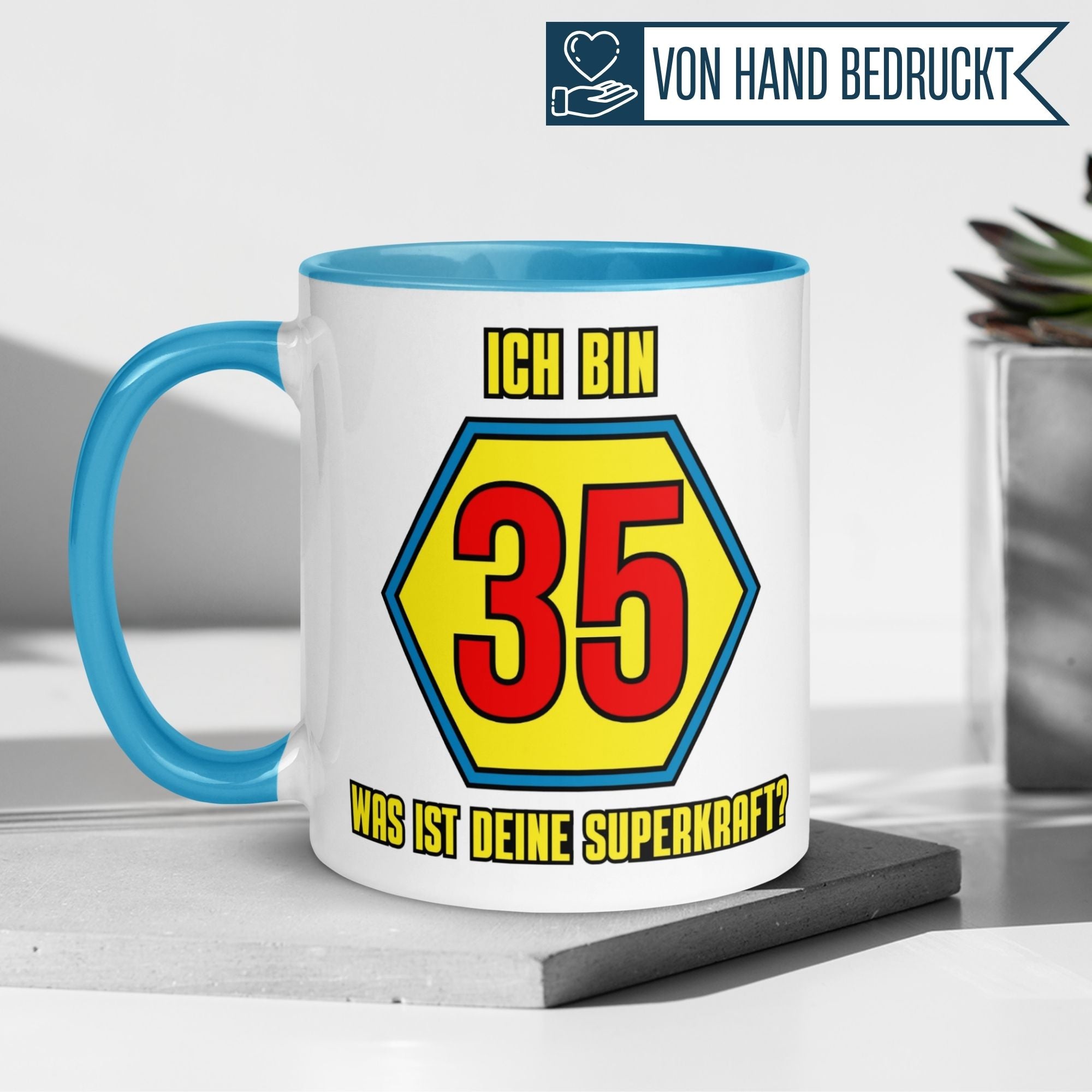 Momentals® Tasse 35. Geburtstag | Superheld & Spruch | Ich bin 35 und was ist deine Superkraft