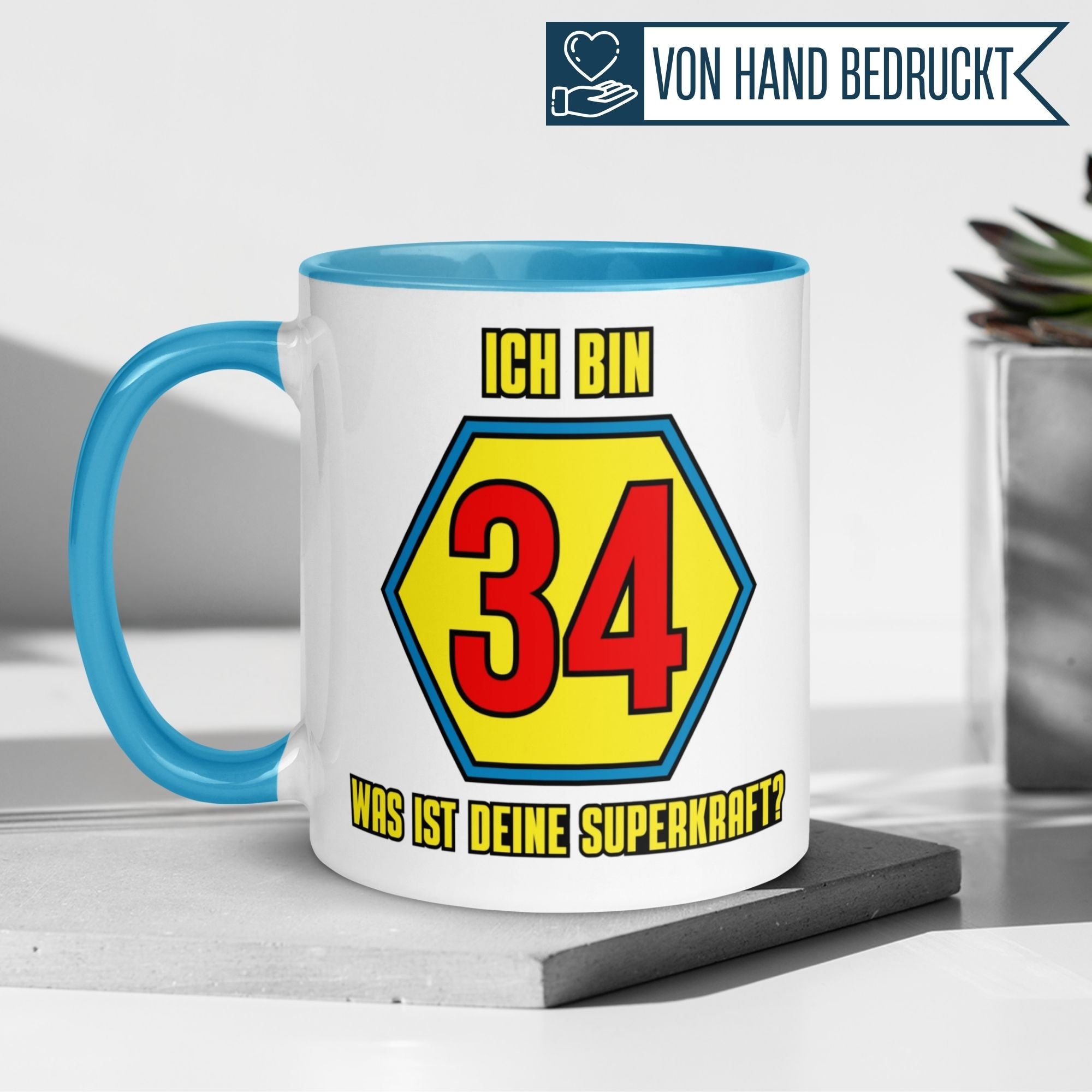 Momentals® Tasse 34. Geburtstag | Superheld & Spruch | Ich bin 34 und was ist deine Superkraft