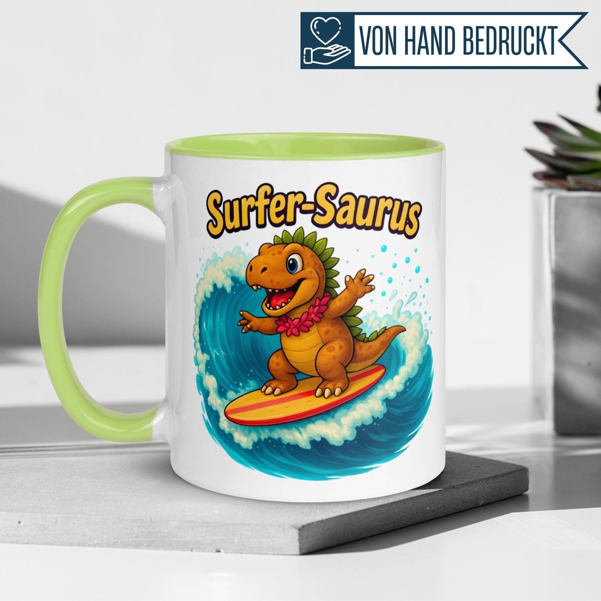 Tasse Dinosaurier – „Surfer Saurus“ – Dino Geschenk Becher für Surf Fans