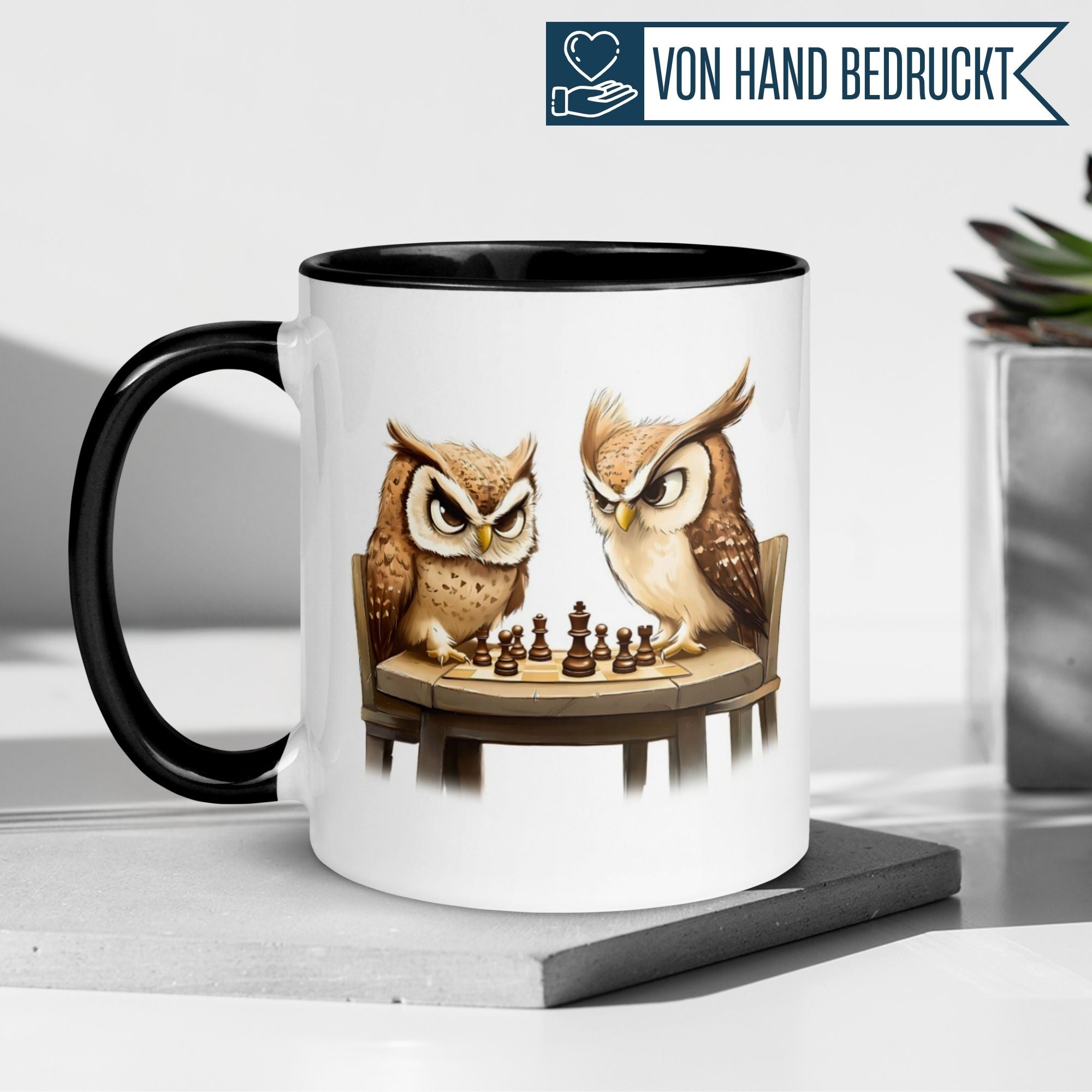 Humorous Momentals® mug featuring two owls engaged in an intense chess duel, perfect for animal lovers.