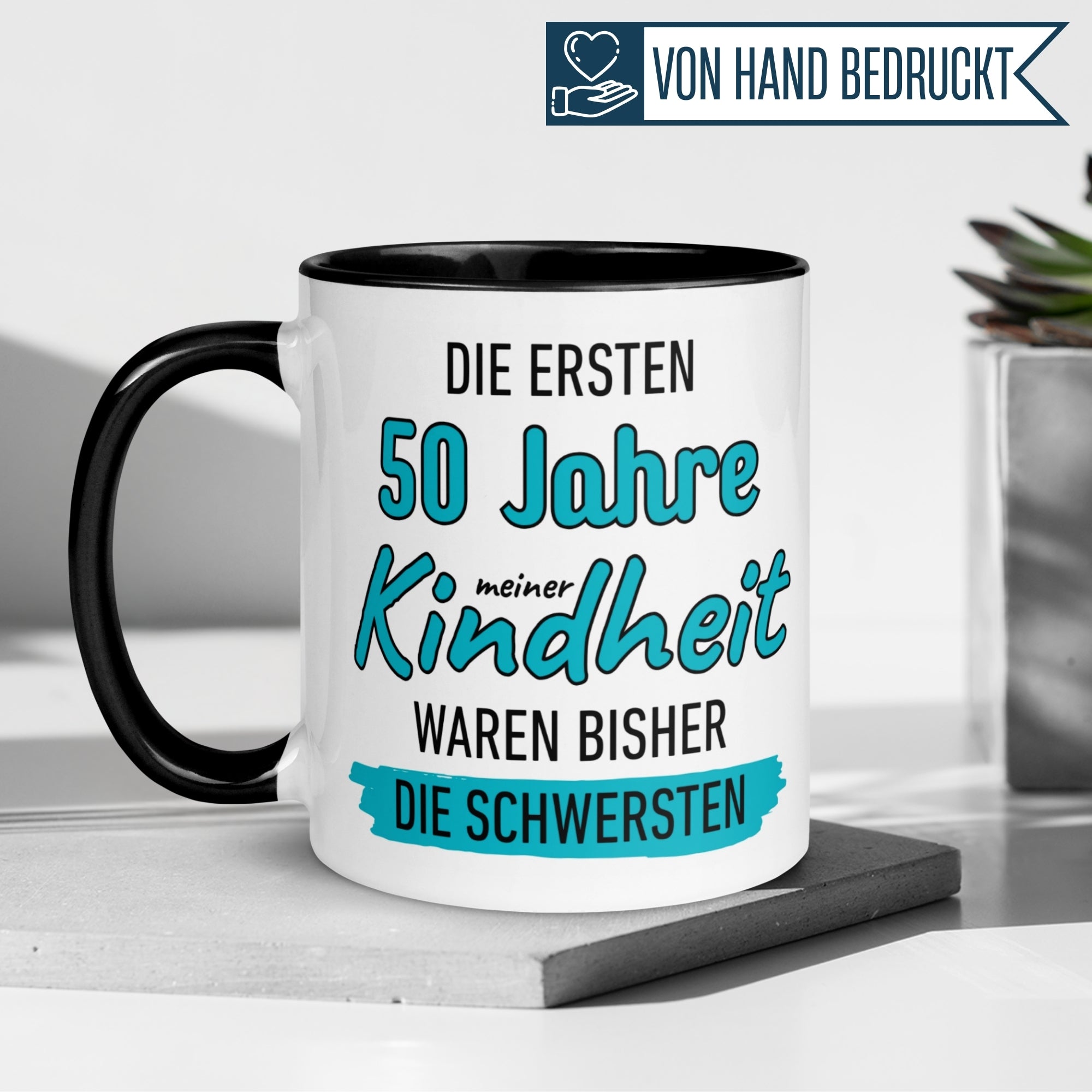 Tasse 50. Geburtstag Mann – „Die ersten 50 Jahre meiner Kindheit waren bisher die Schwersten“ – Geschenk zum Geburtstag Männer