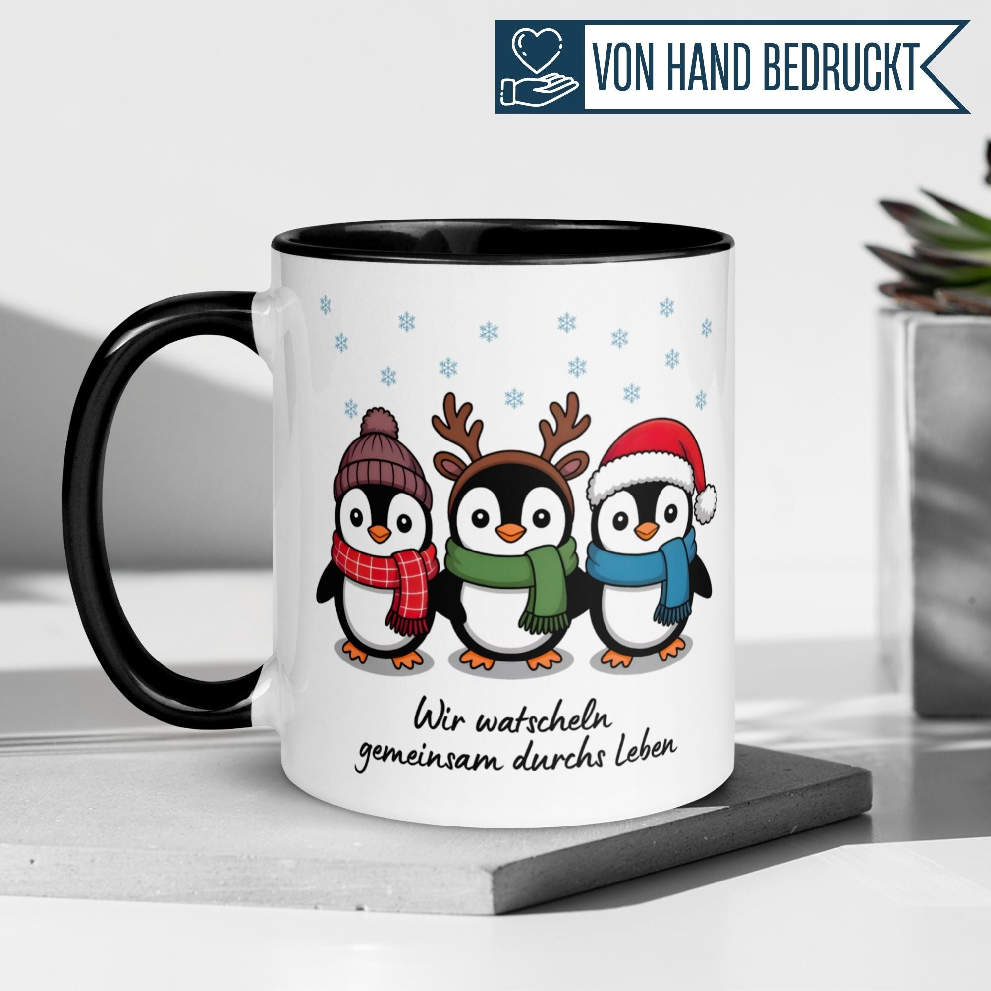 Tasse Pinguin – „Wir watscheln gemeinsam durchs Leben“ – lustiger Geschenk Becher