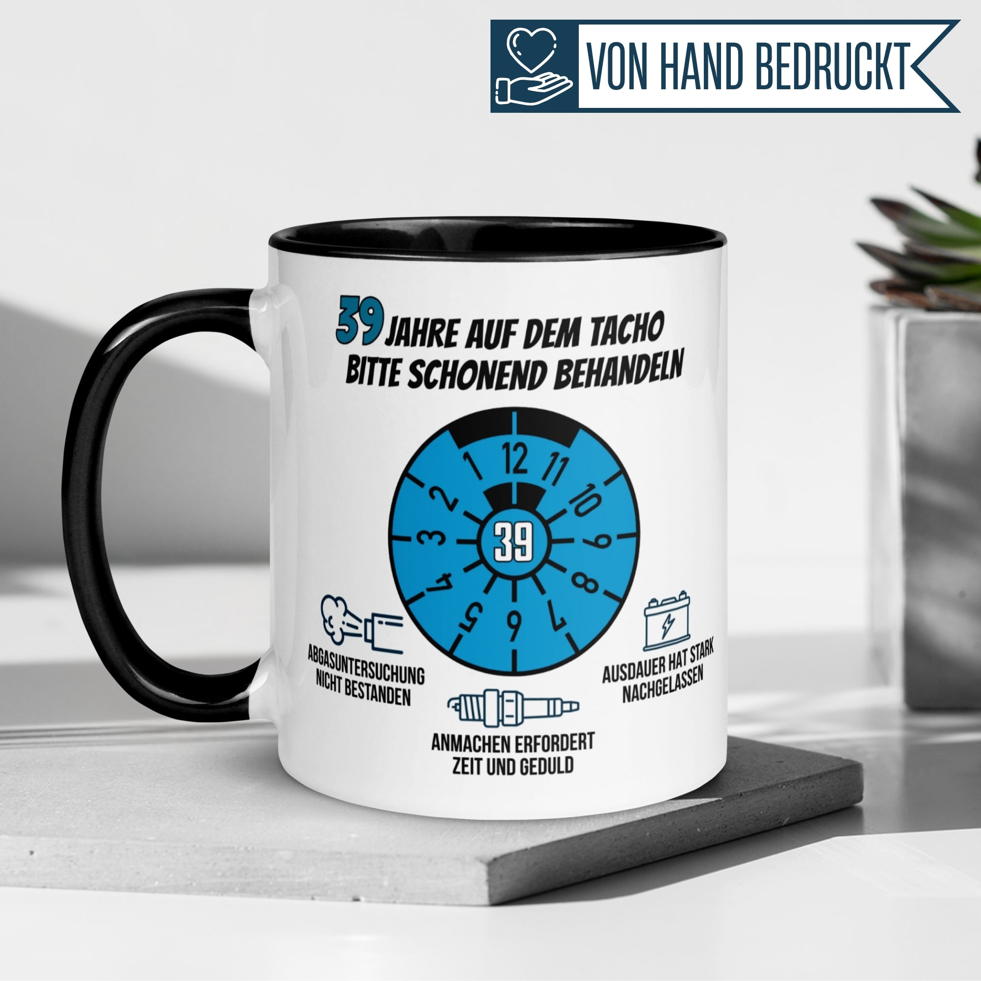 Momentals® Tasse 39. Geburtstag | Siegel & Spruch | 39 Jahre auf dem Tacho - Schonend behandeln