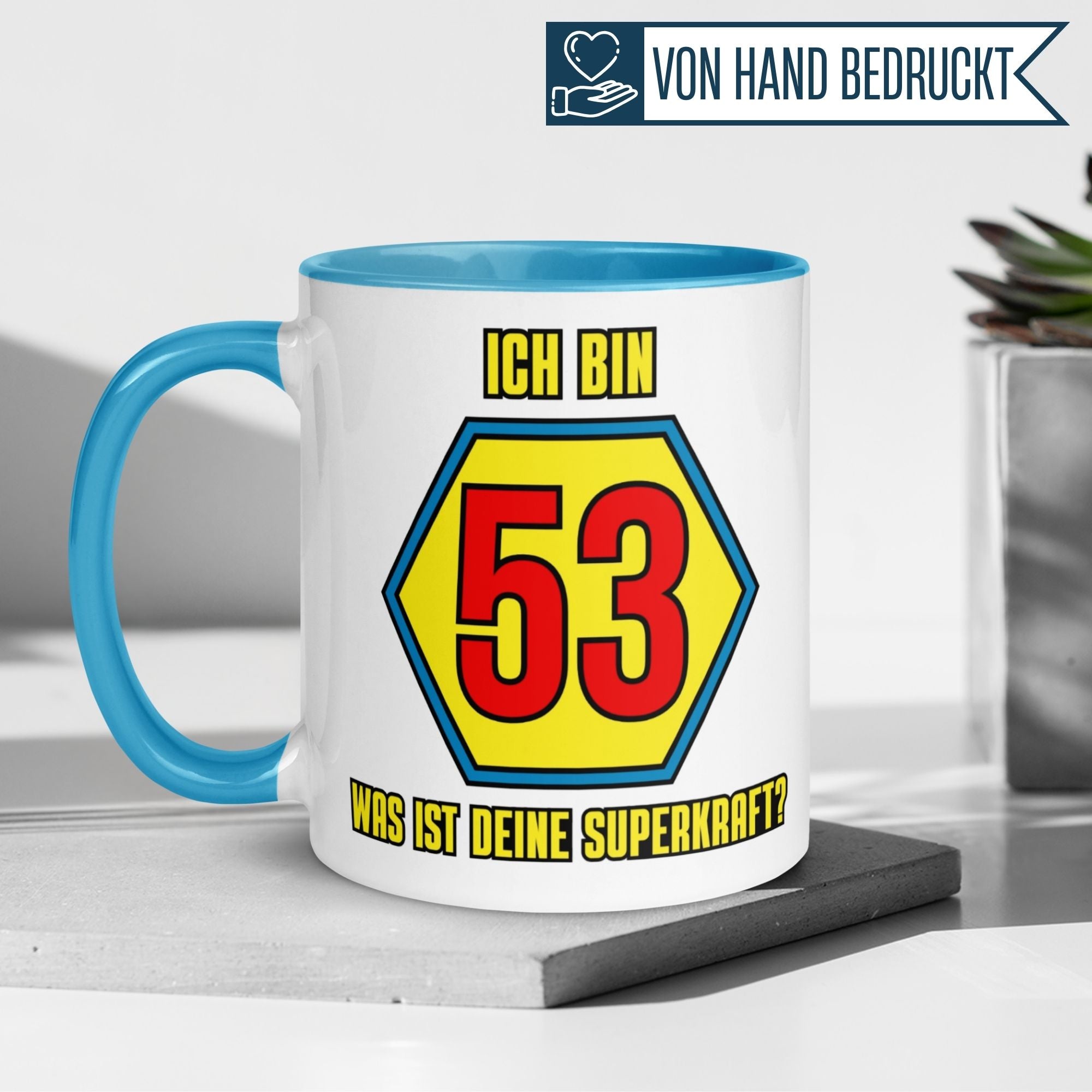 Momentals® Tasse 53. Geburtstag | Superheld & Spruch | Ich bin 53 und was ist deine Superkraft