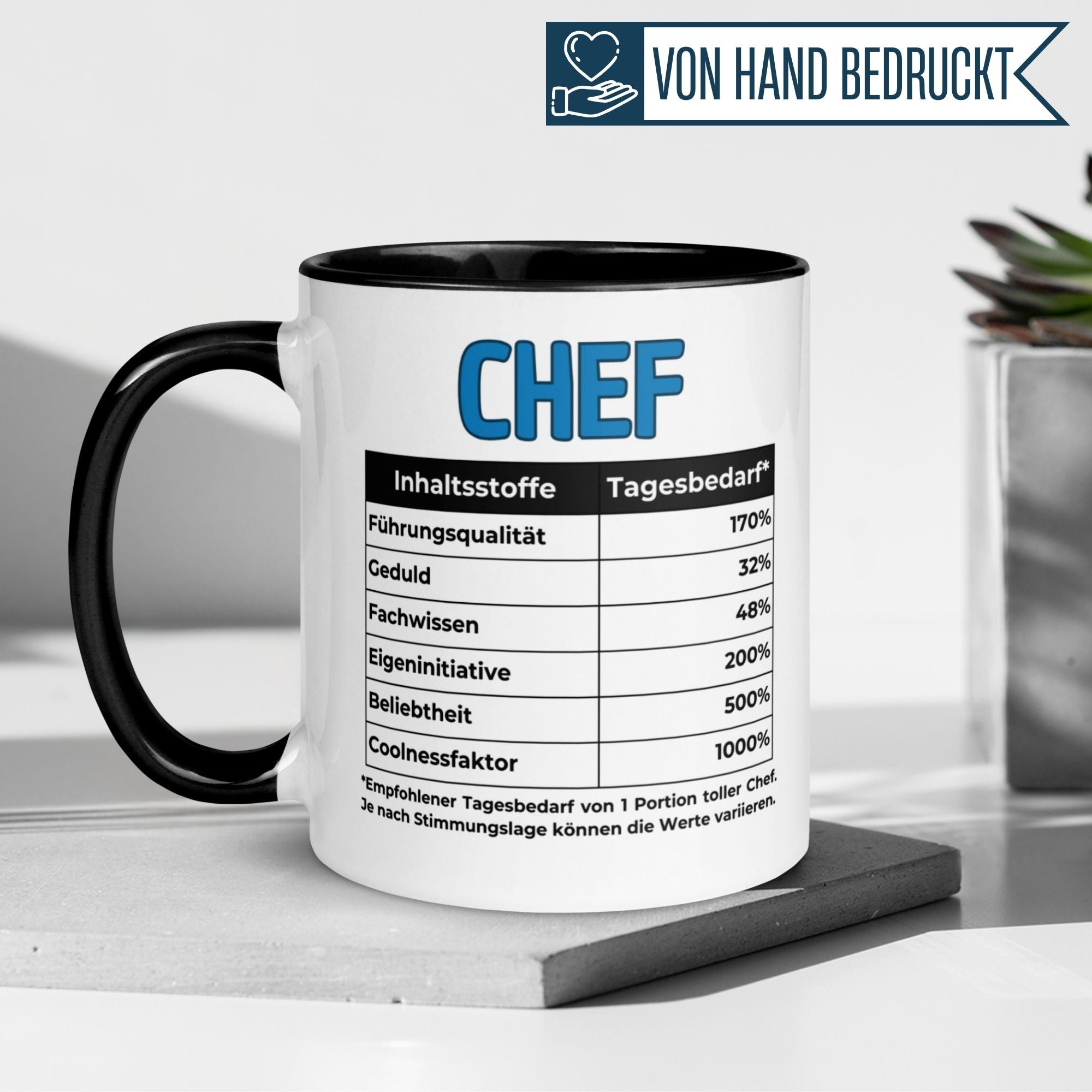 Momentals® Tasse Chef mit humorvoller Nährwerttabelle für Abschiedsgeschenke an Chefs.