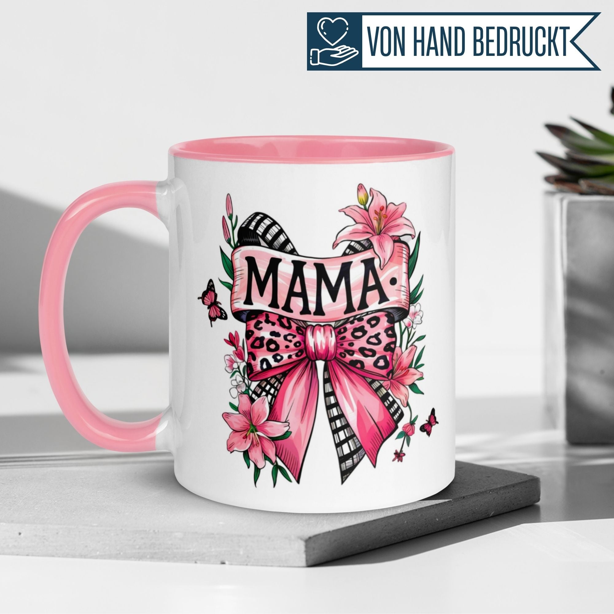 Momentals® Tasse Mama | Banner & Blumen | Rosa Leopardenschleife