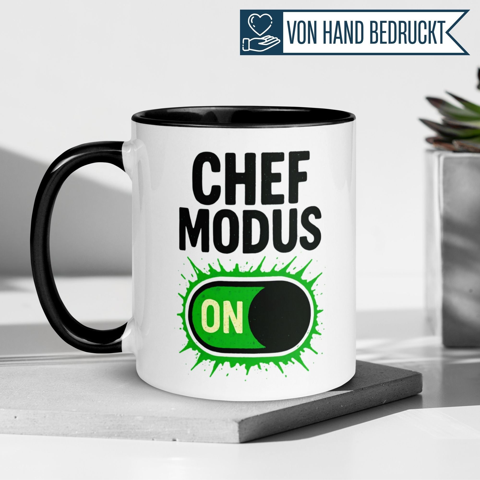 Momentals® Tasse Chef Modus mit grünem Aktiv-Schalter für humorvolle Geschenke an Chefs.