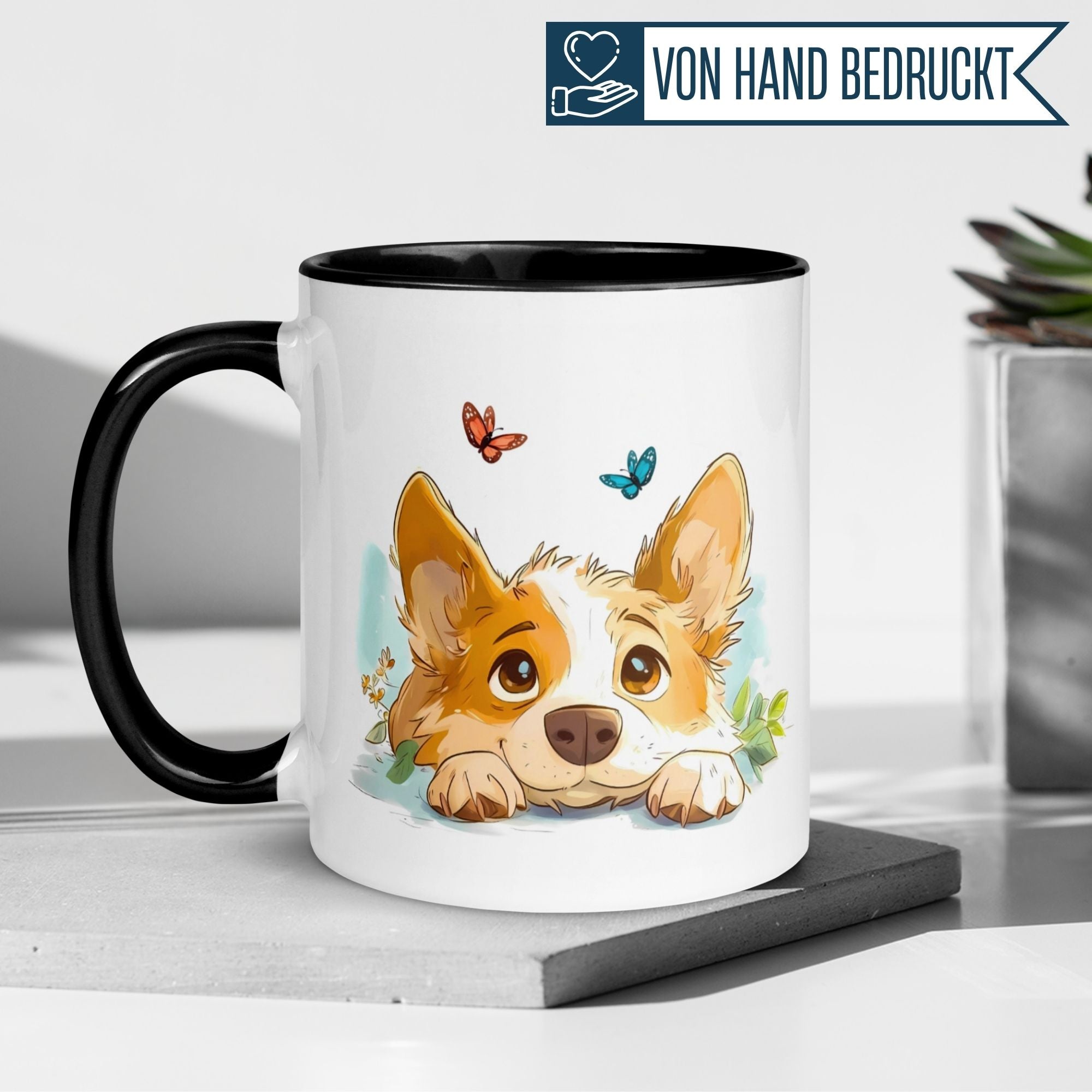 Momentals® Mug with a cute Corgi and butterflies, perfect for morning coffee lovers and grumpy mornings.